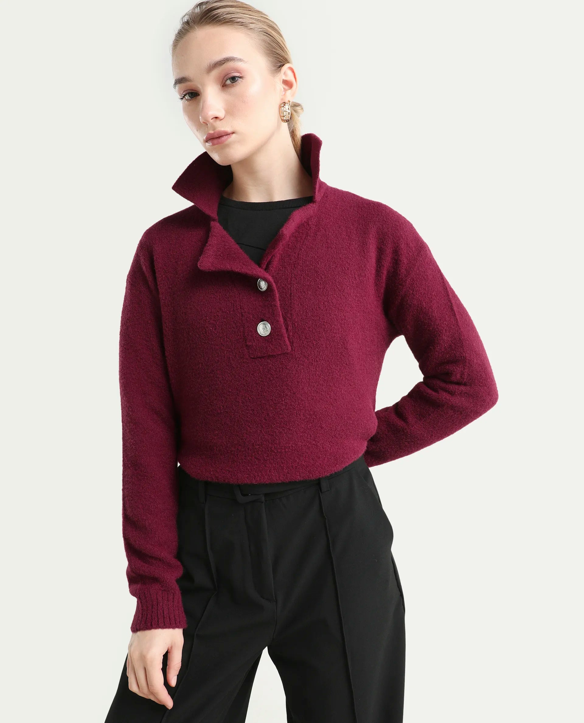 Rareism Women's Sirnak Maroon Drop Collar Plain Relaxed Fit Sweater