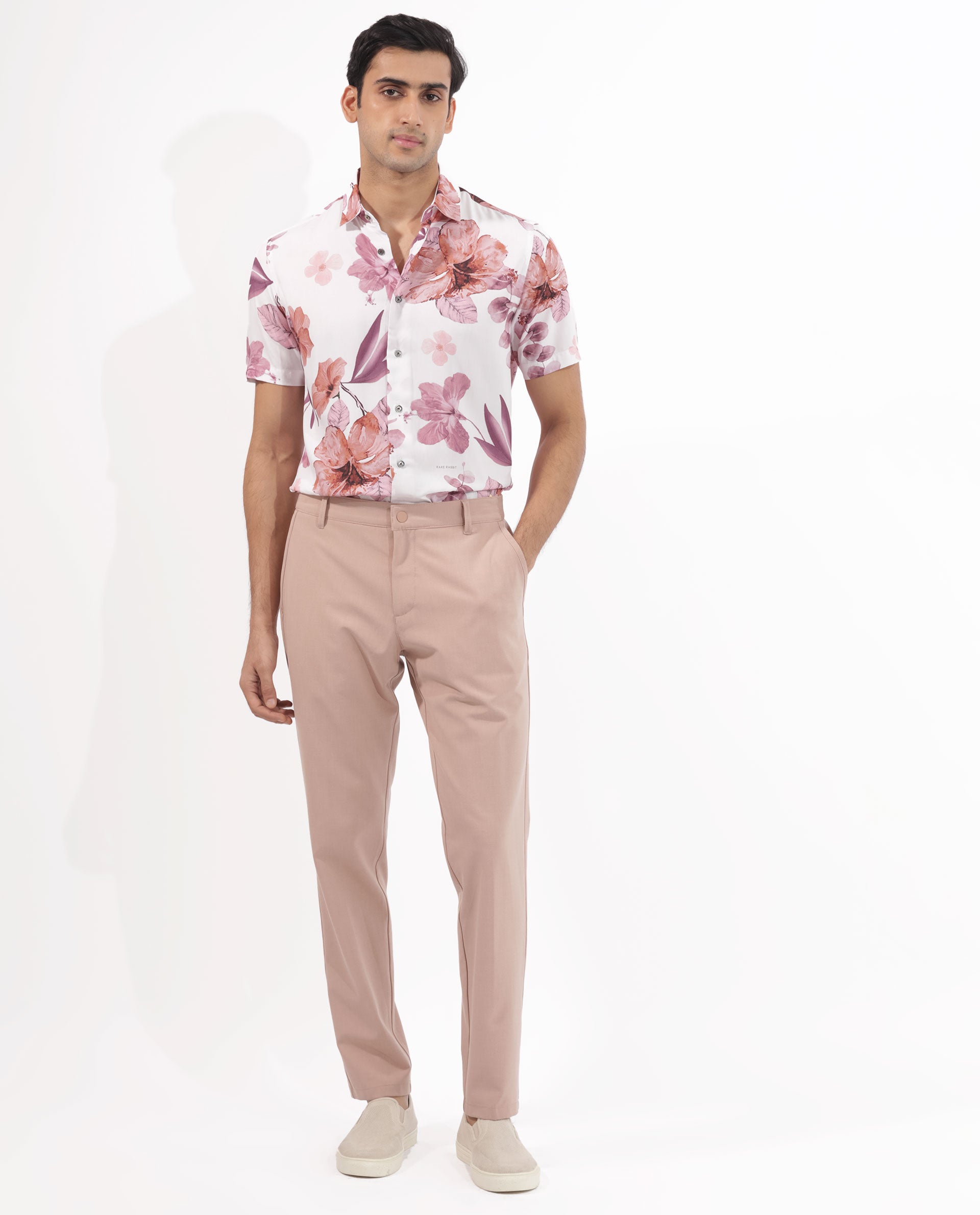 Rare Rabbit Men's Siros White Viscose Fabric Floral Print Half Sleeves Shirt