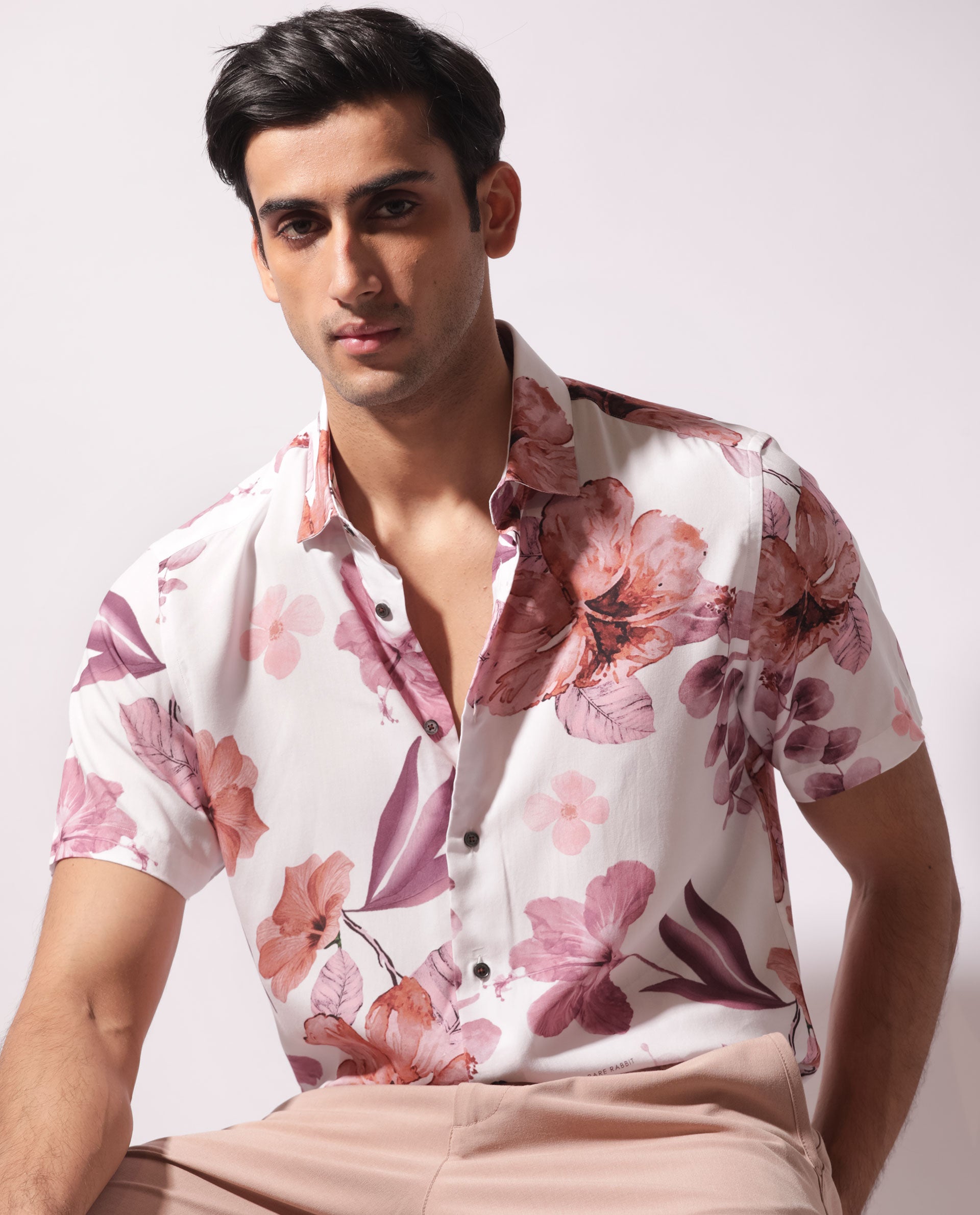 Rare Rabbit Men's Siros White Viscose Fabric Floral Print Half Sleeves Shirt