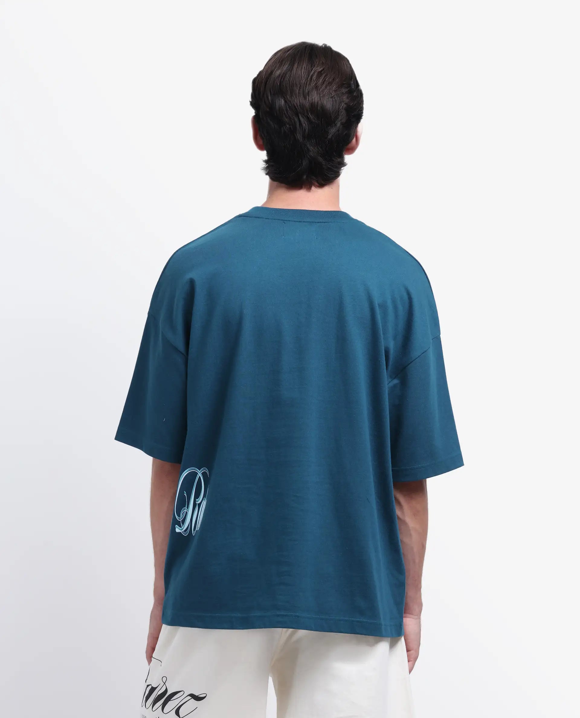 Rare Rabbit Men's Siwa Dark Teal Cotton Printed Oversized Fit Half Sleeve Crew Neck T-Shirt