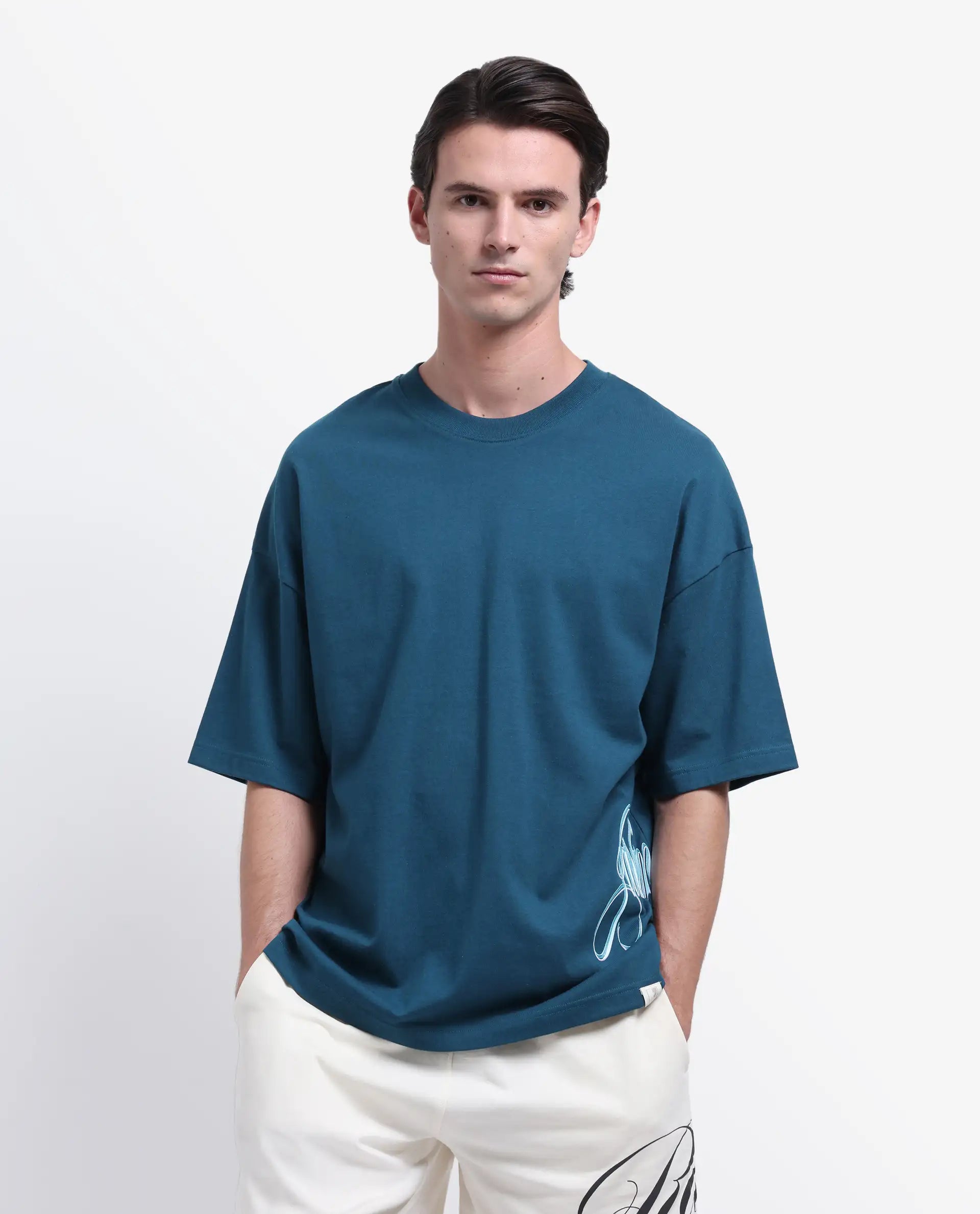 Rare Rabbit Men's Siwa Dark Teal Cotton Printed Oversized Fit Half Sleeve Crew Neck T-Shirt