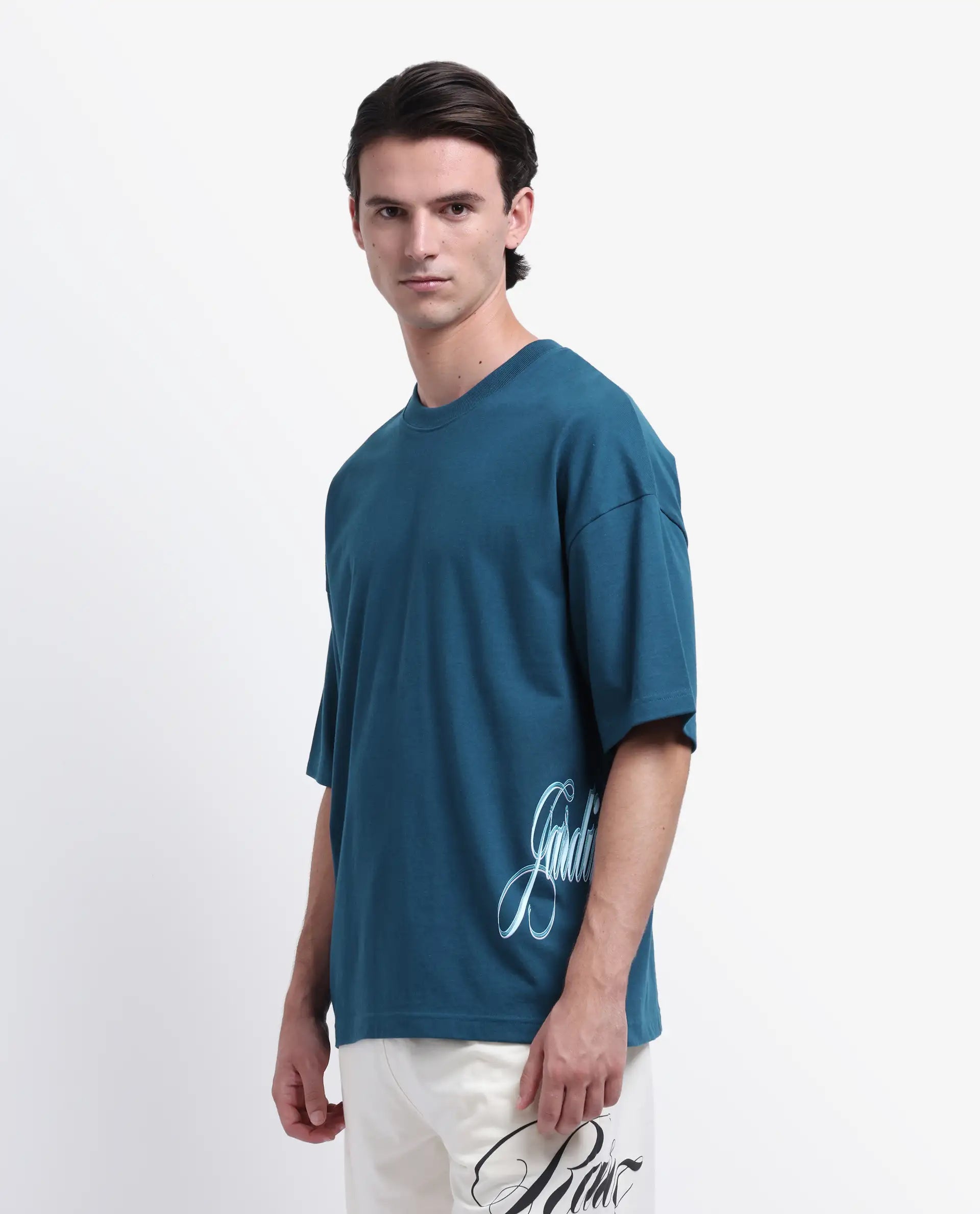 Rare Rabbit Men's Siwa Dark Teal Cotton Printed Oversized Fit Half Sleeve Crew Neck T-Shirt