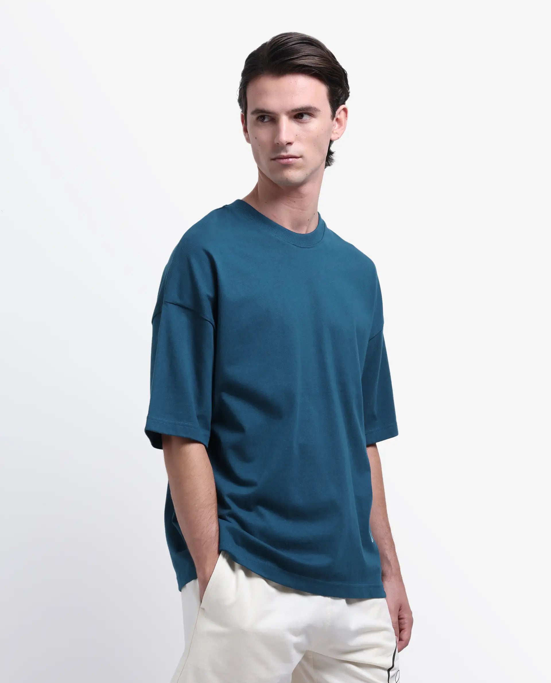 Rare Rabbit Men's Siwa Dark Teal Cotton Printed Oversized Fit Half Sleeve Crew Neck T-Shirt