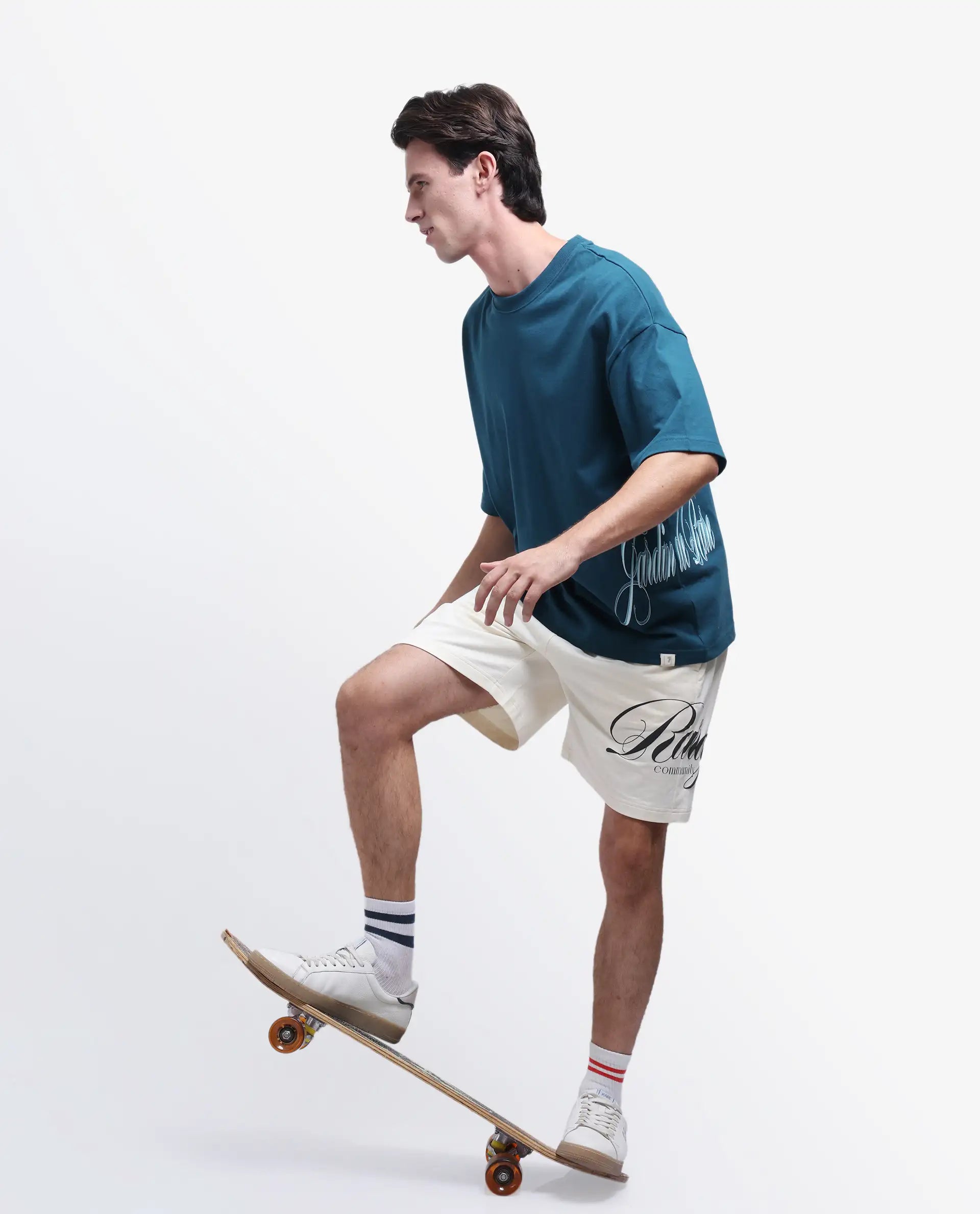 Rare Rabbit Men's Siwa Dark Teal Cotton Printed Oversized Fit Half Sleeve Crew Neck T-Shirt