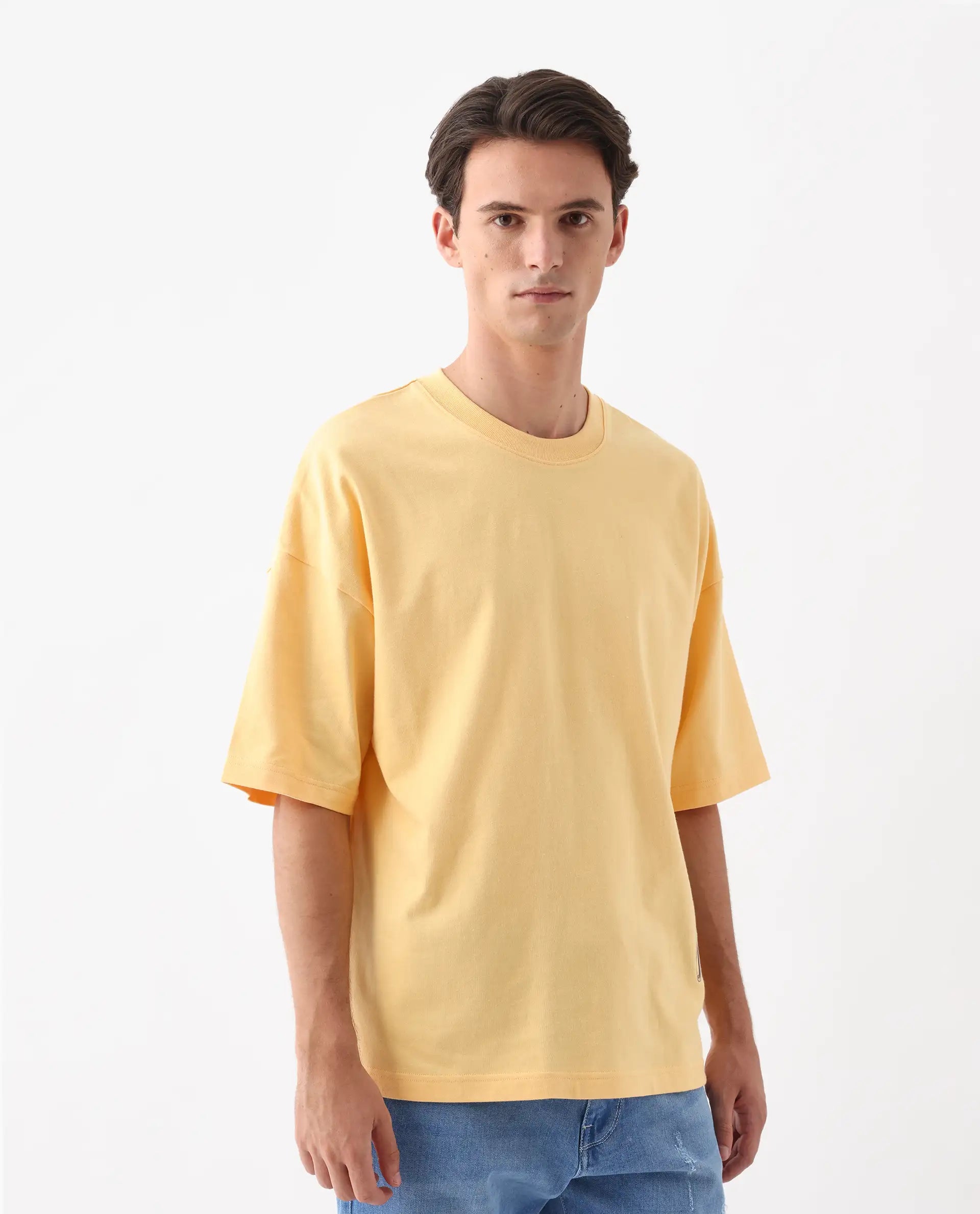Rare Rabbit Men's Siwa Light Yellow Cotton Graphic Print Oversized Fit Half Sleeve Crew Neck T-Shirt