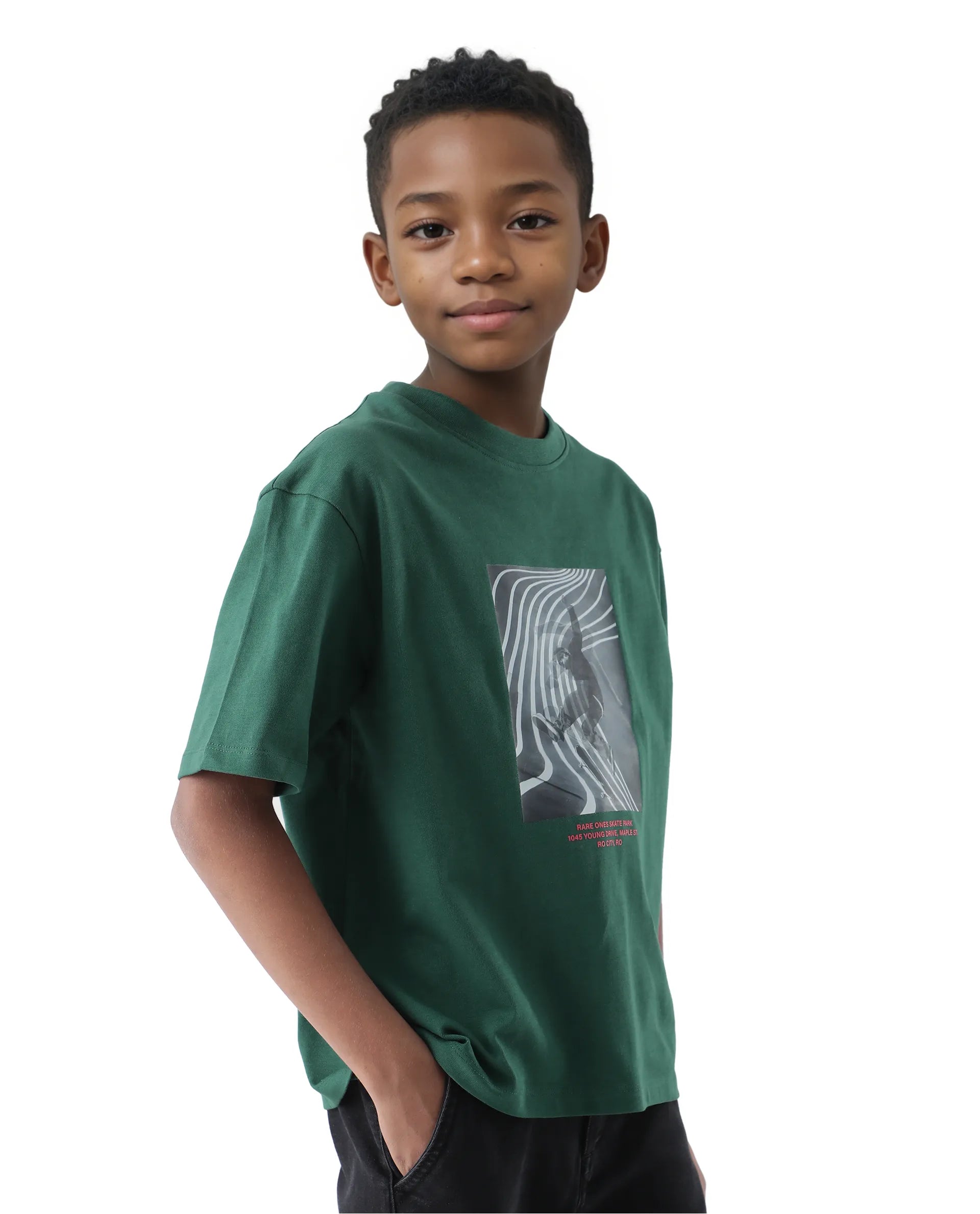 Rare Ones Kids Skate Green Cotton Half Sleeve Slip-On Printed Boxy Fit T-Shirt