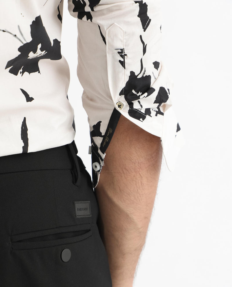 Rare Rabbit Men's Sketcherr Off White Cotton Fabric Floral Print Full Sleeves Shirt