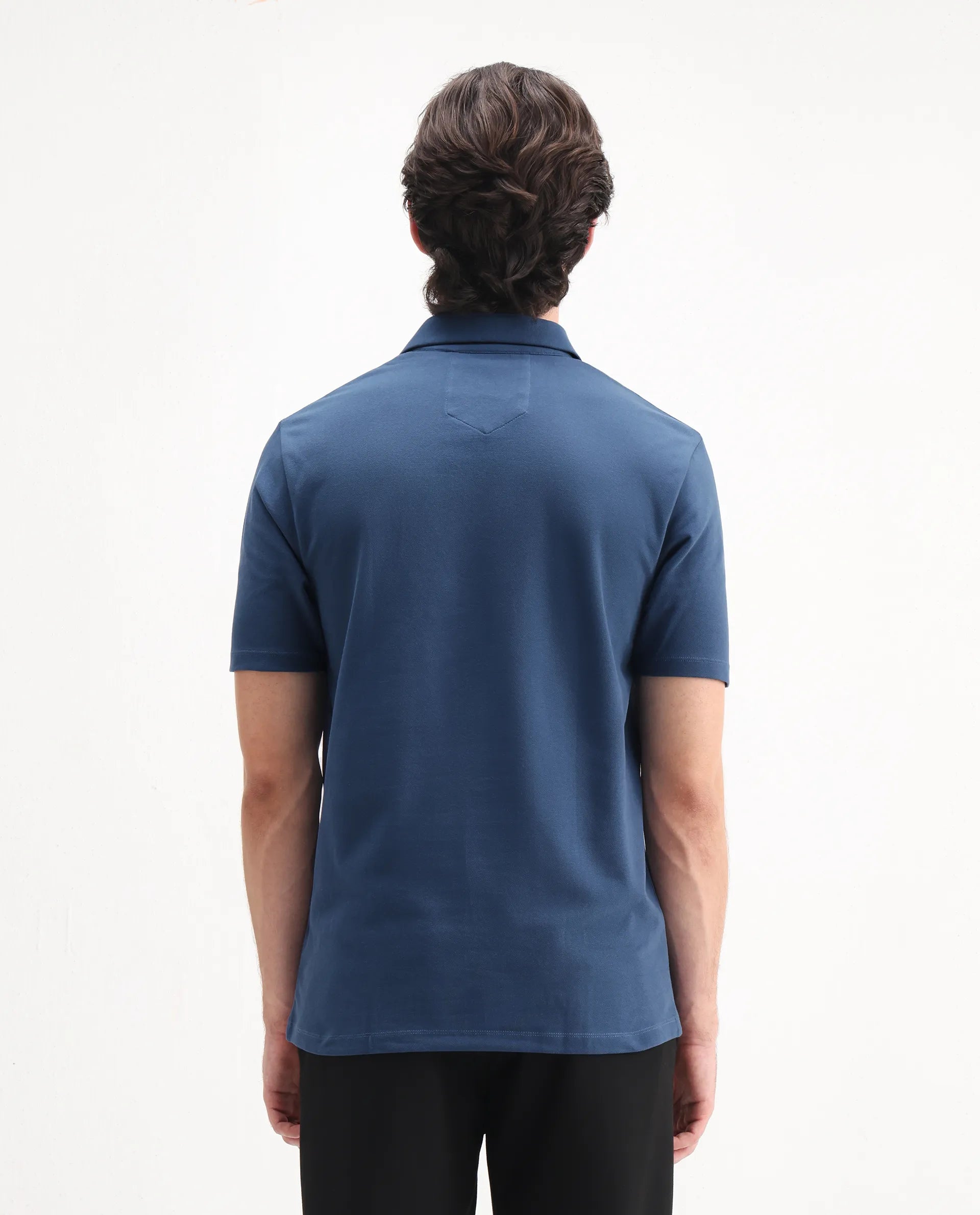 Rare Rabbit Men's Ski Blue Cotton Plain Regular Fit Half Sleeve Polo