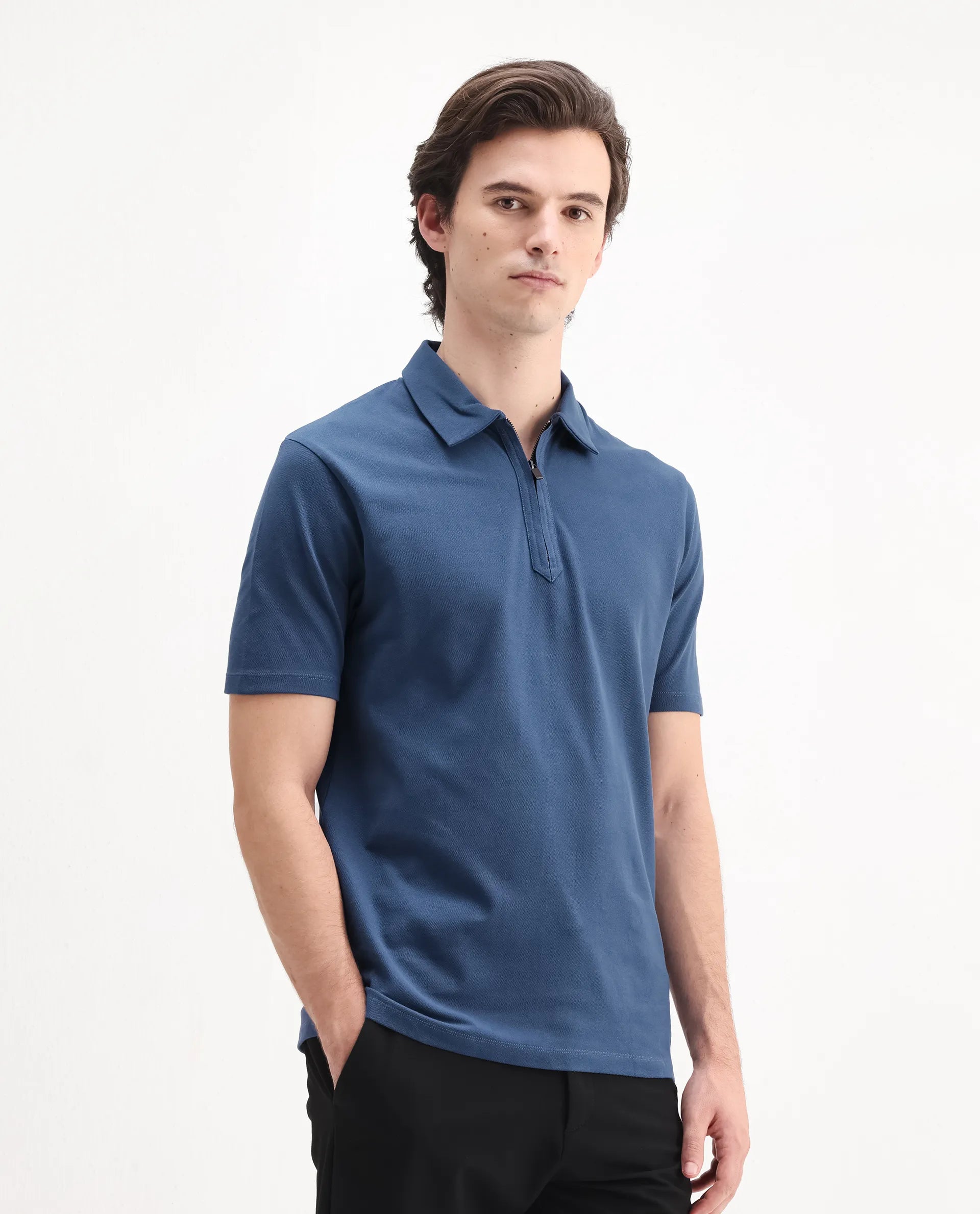 Rare Rabbit Men's Ski Blue Cotton Plain Regular Fit Half Sleeve Polo