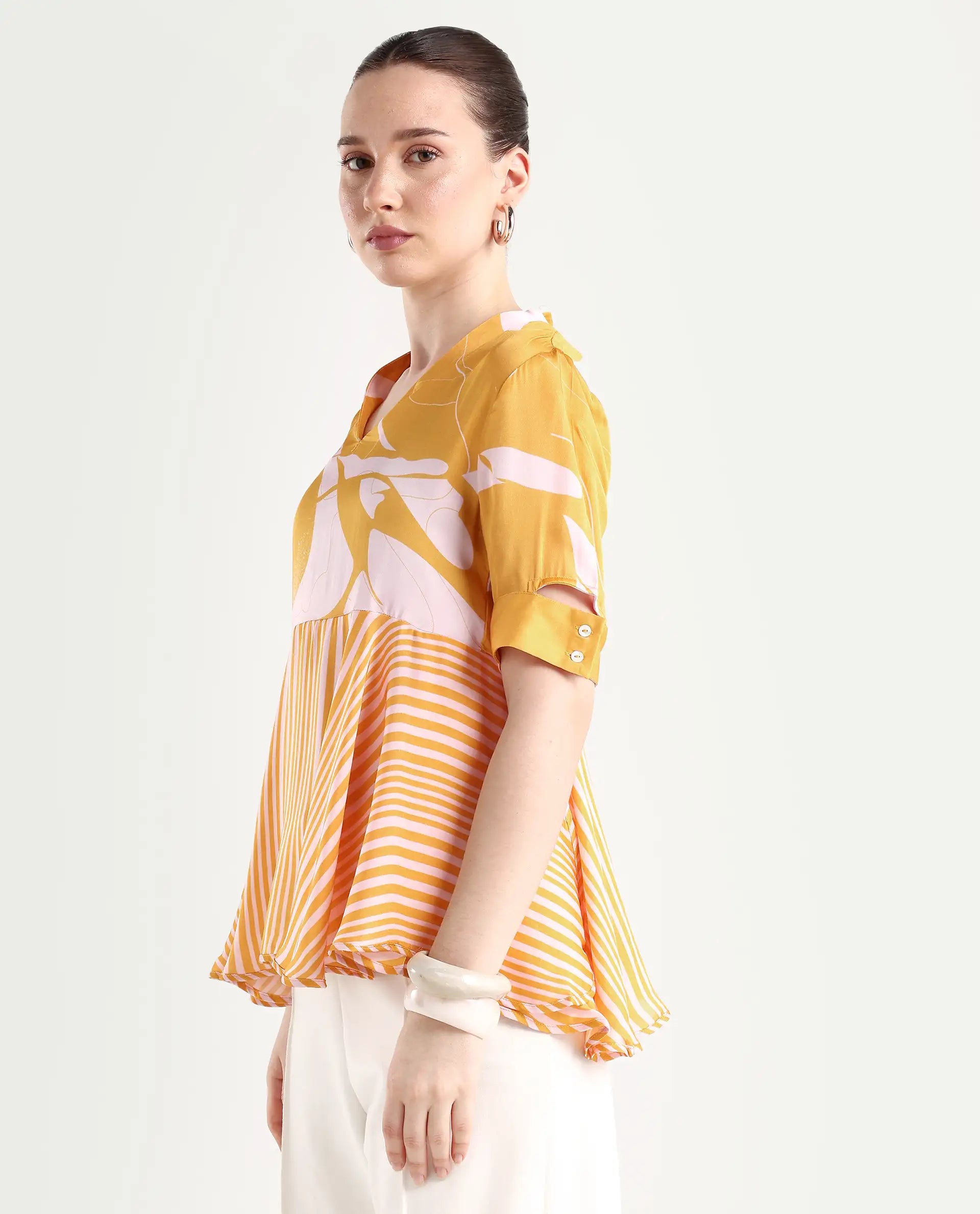 Rareism Women's Skimmia Mustard Modal V-Neck Abstract Print Regular Fit Top