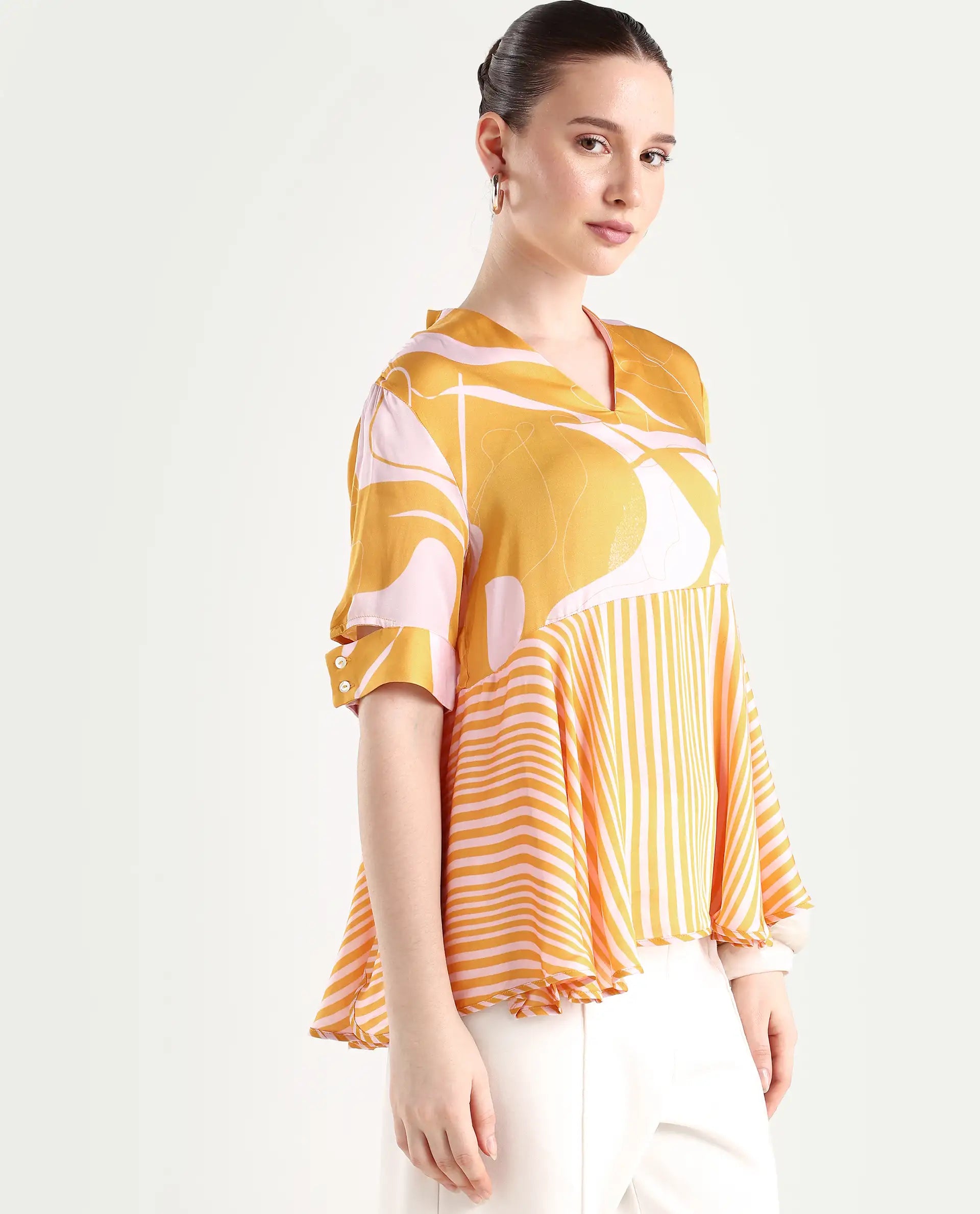 Rareism Women's Skimmia Mustard Modal V-Neck Abstract Print Regular Fit Top