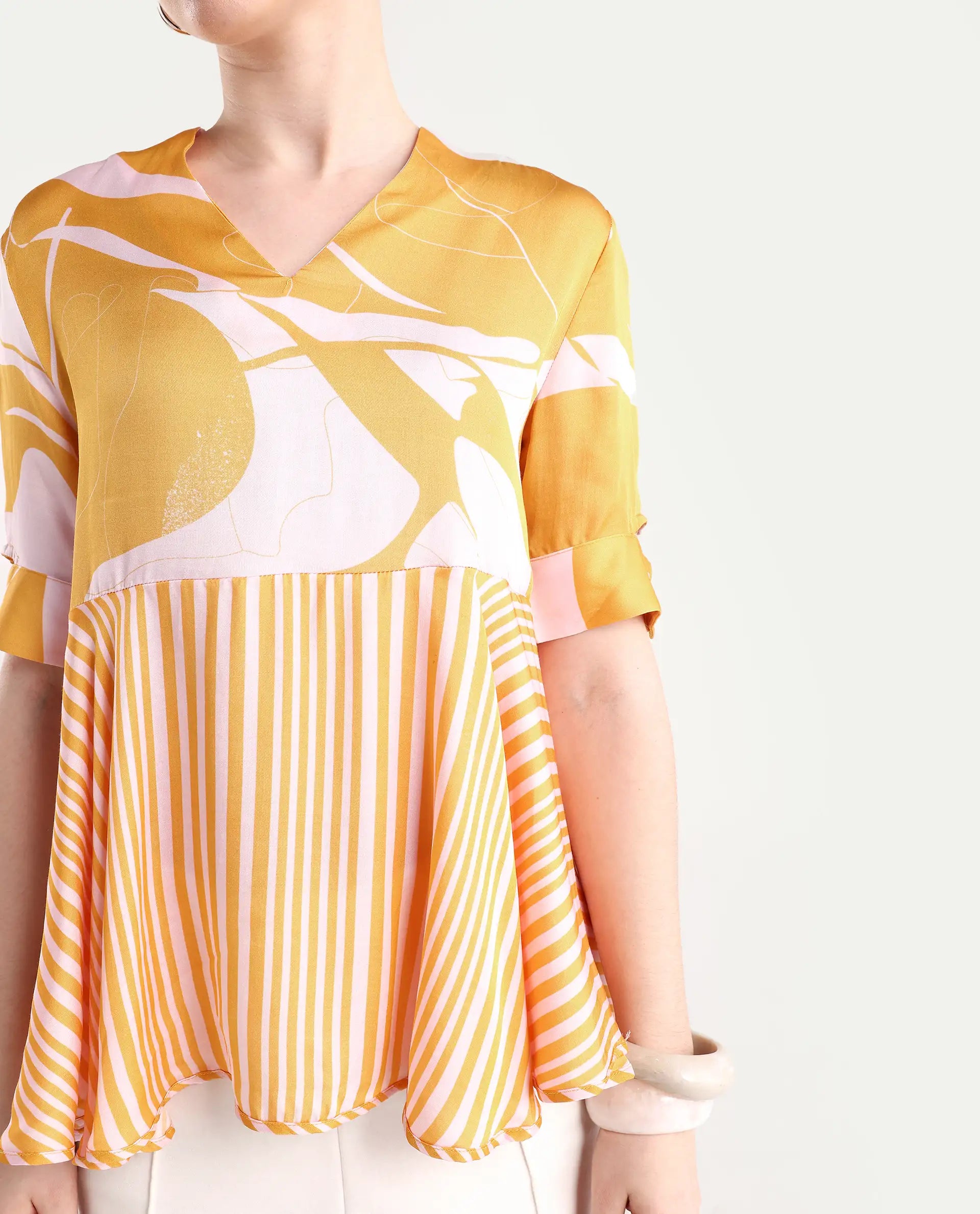 Rareism Women's Skimmia Mustard Modal V-Neck Abstract Print Regular Fit Top