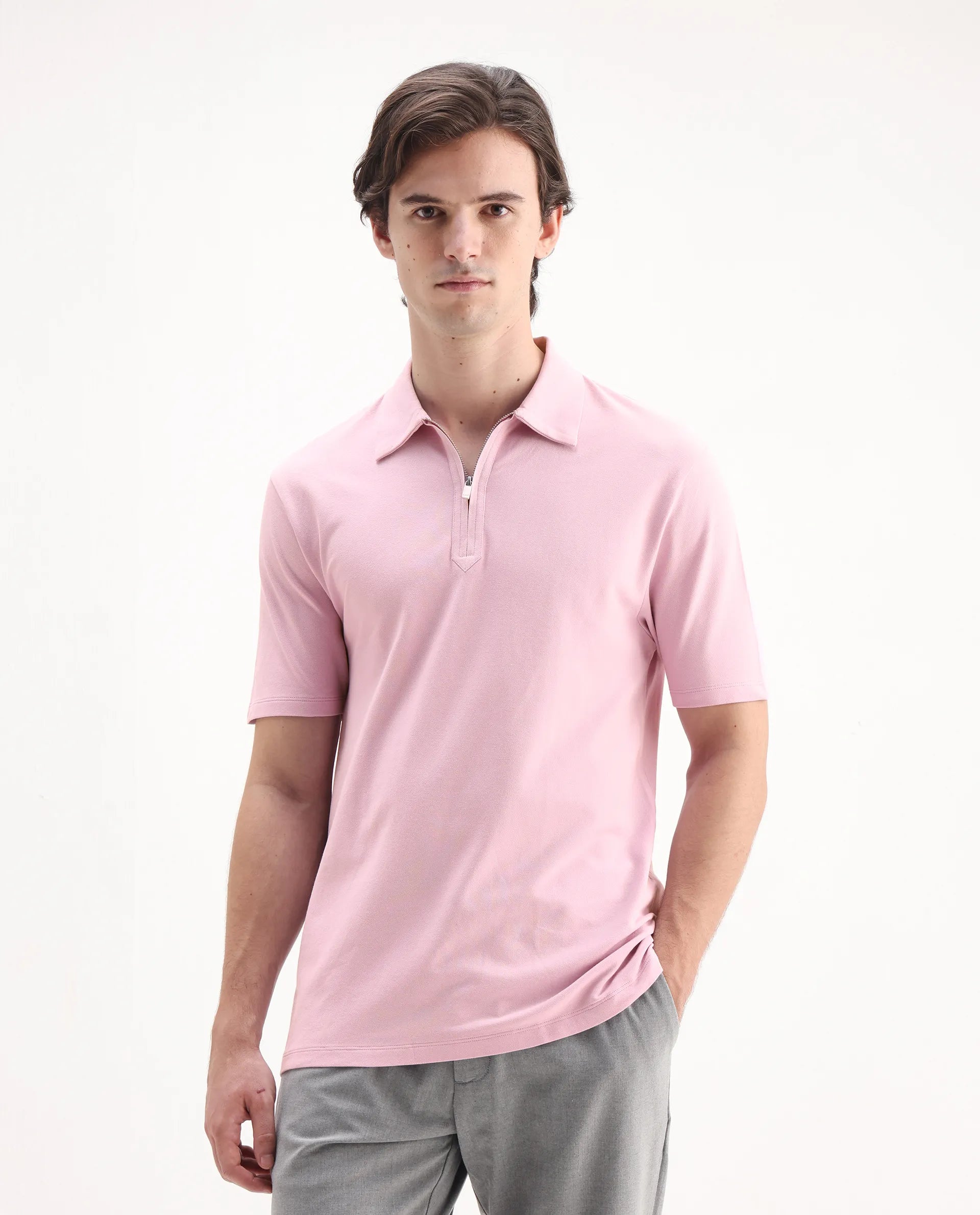 Rare Rabbit Men's Ski Light Pink Cotton Plain Regular Fit Half Sleeve Polo