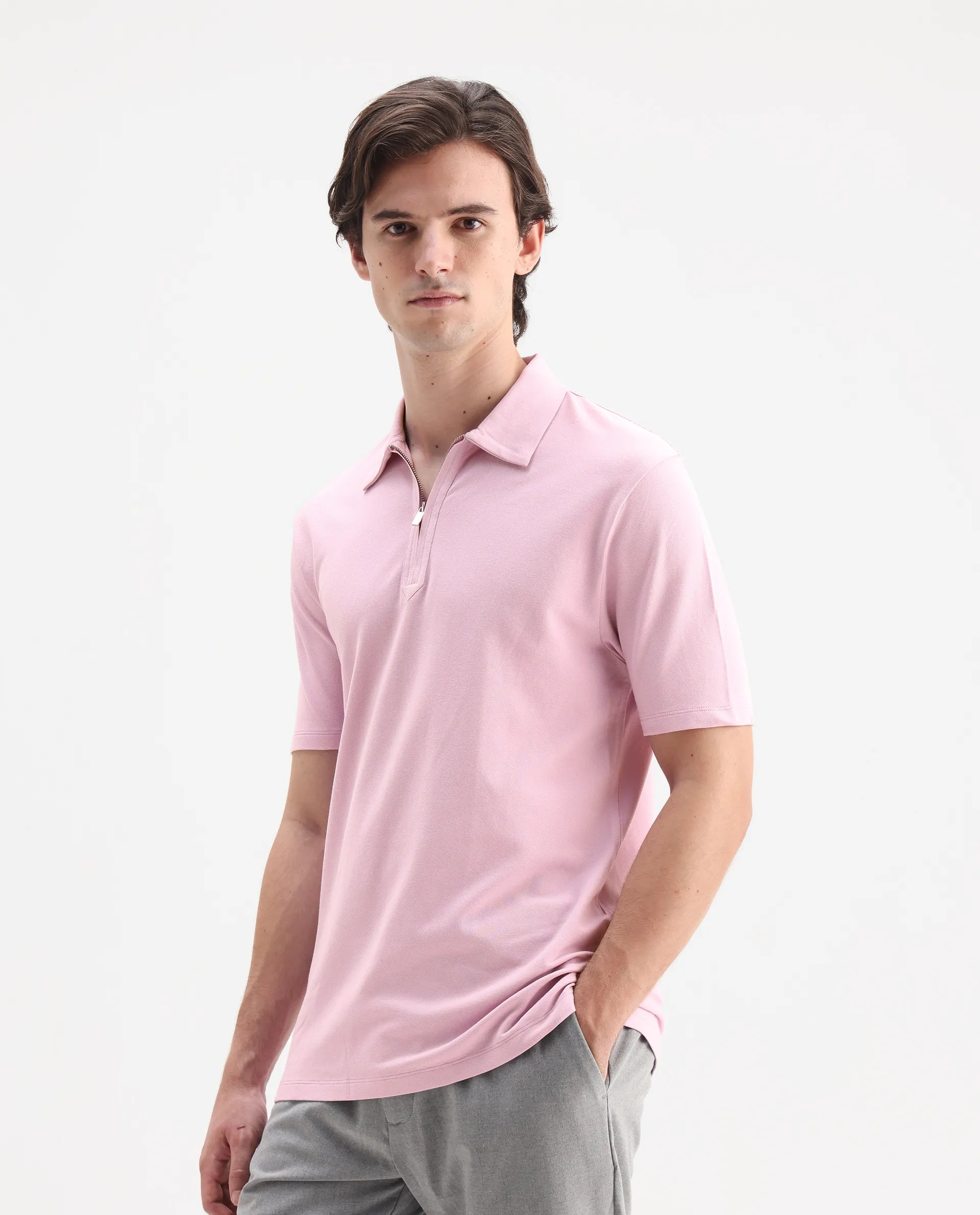 Rare Rabbit Men's Ski Light Pink Cotton Plain Regular Fit Half Sleeve Polo