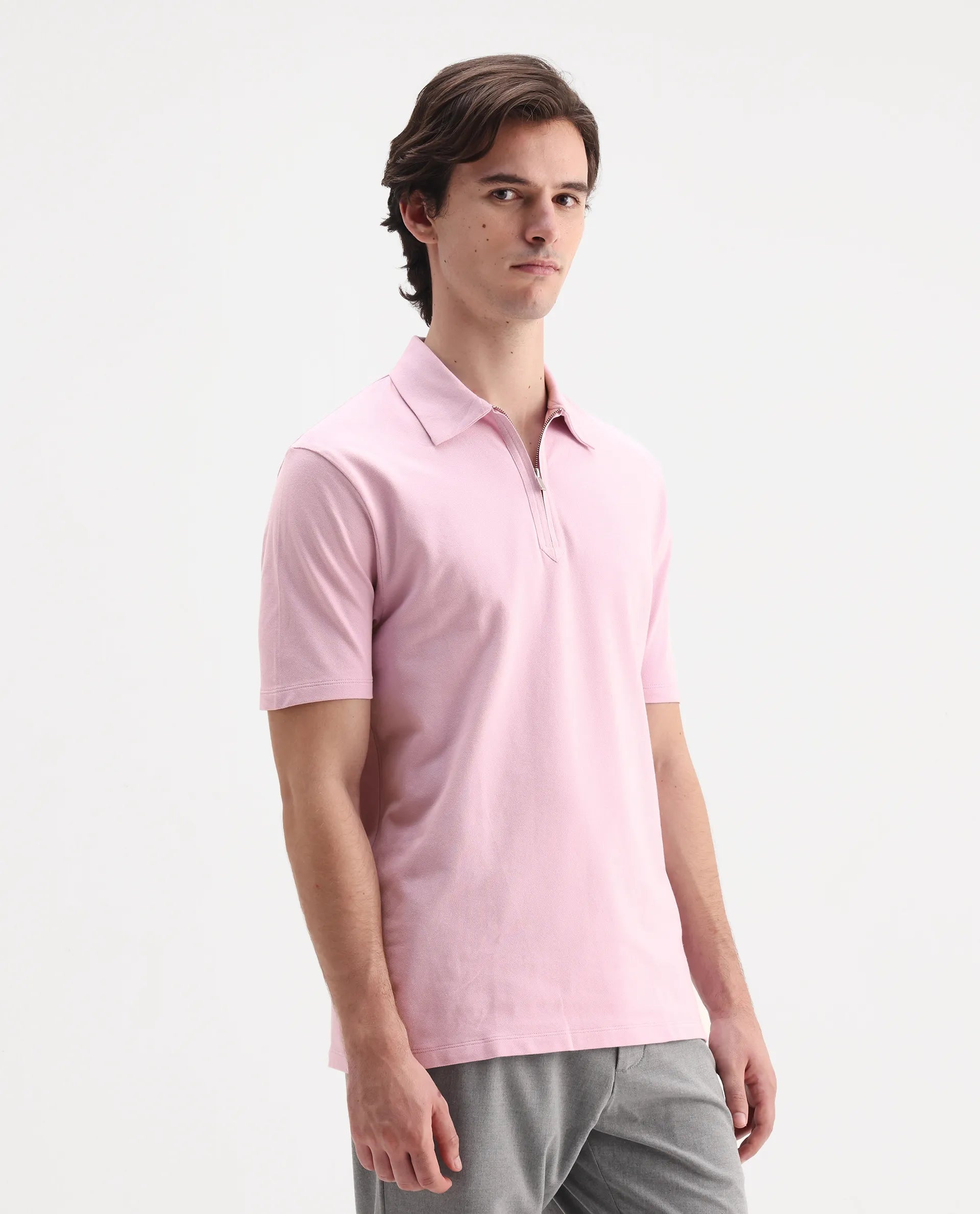 Rare Rabbit Men's Ski Light Pink Cotton Plain Regular Fit Half Sleeve Polo