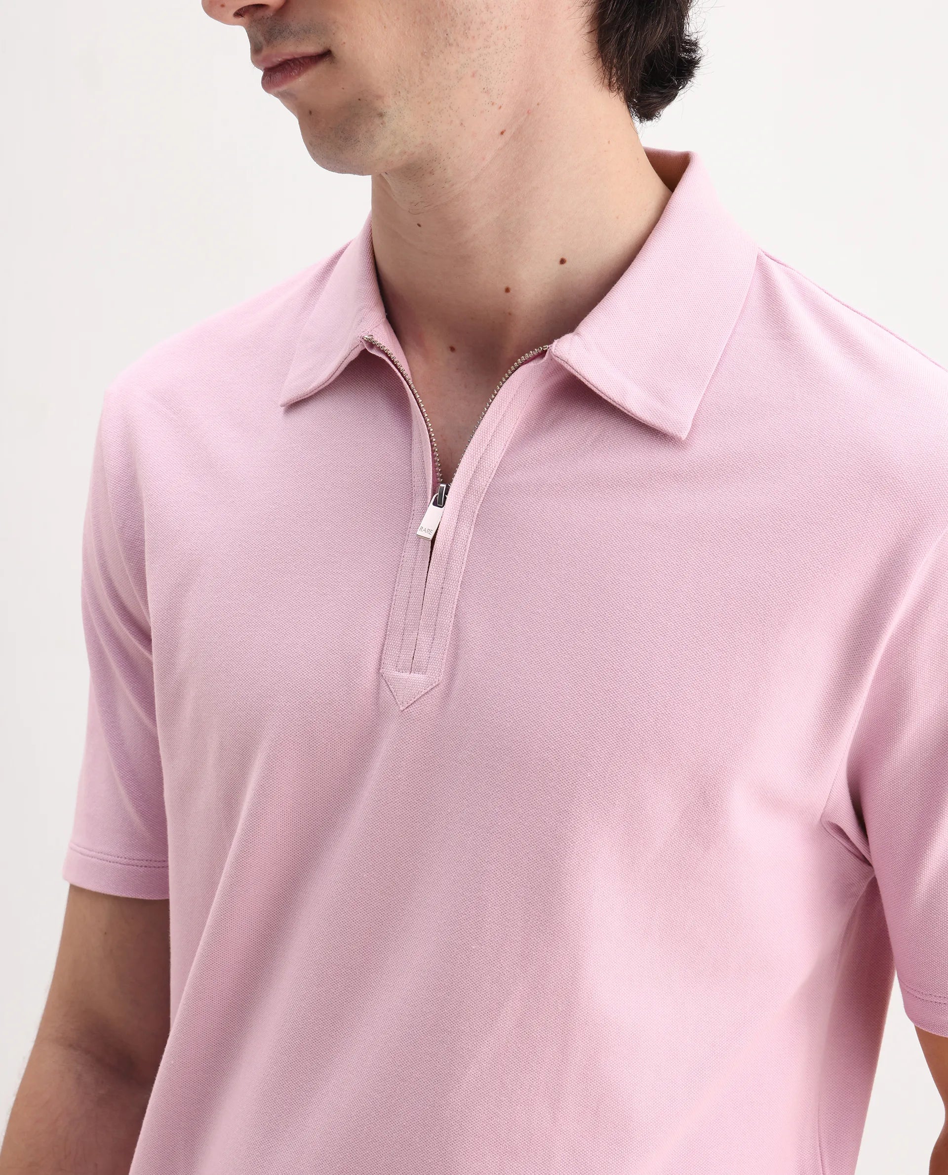 Rare Rabbit Men's Ski Light Pink Cotton Plain Regular Fit Half Sleeve Polo