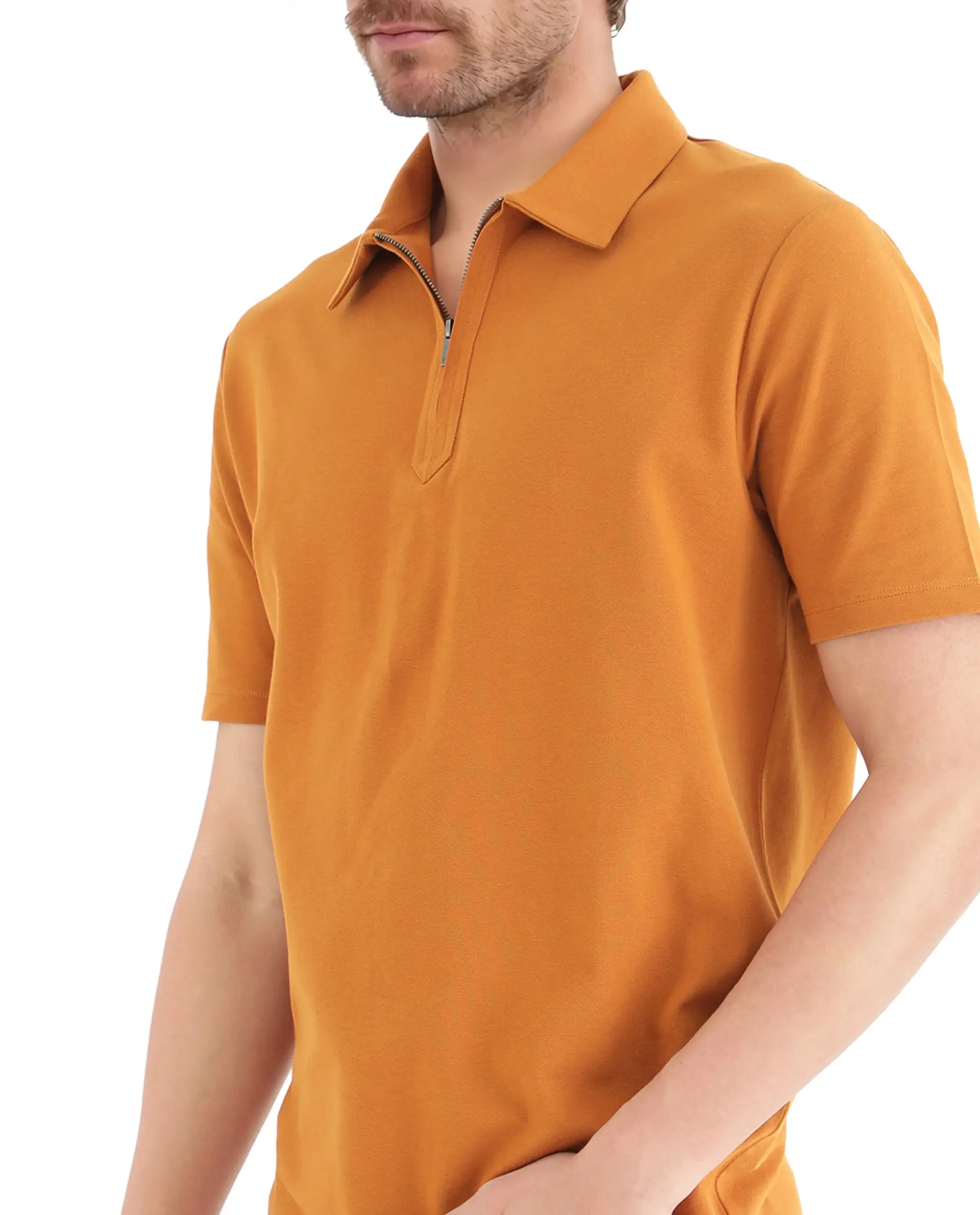 Rare Rabbit Men Ski Rust Cotton Blend Fabric Short Sleeve Regular Collared Zipper Closure Plain Polo