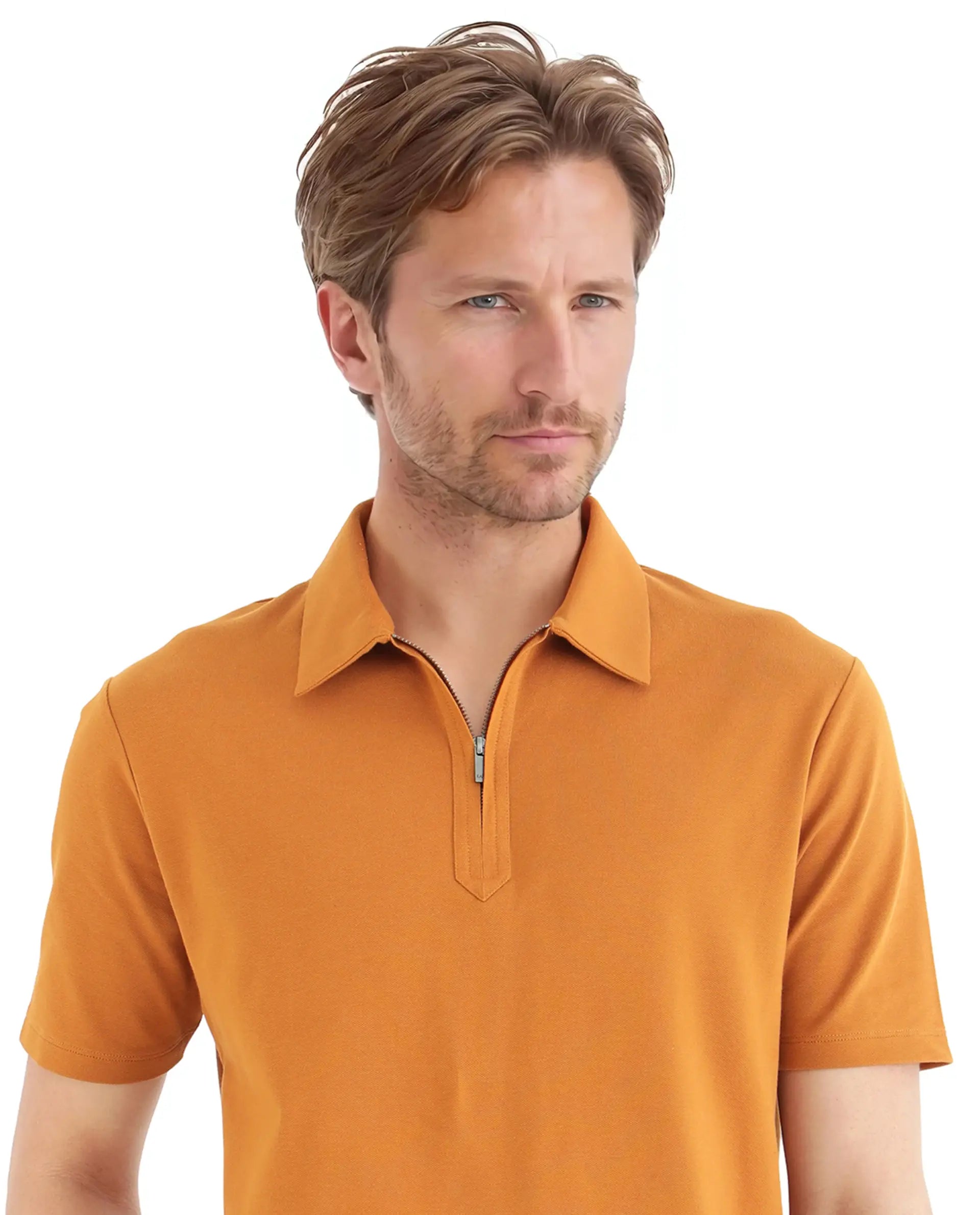 Rare Rabbit Men Ski Rust Cotton Blend Fabric Short Sleeve Regular Collared Zipper Closure Plain Polo