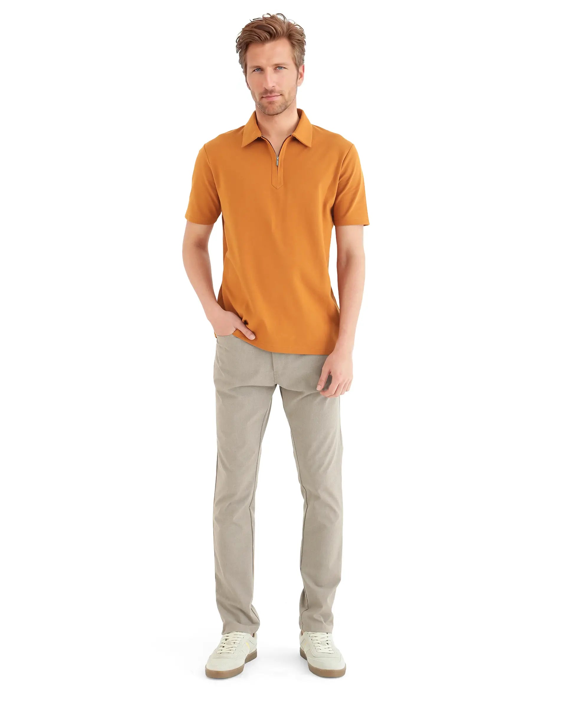 Rare Rabbit Men Ski Rust Cotton Blend Fabric Short Sleeve Regular Collared Zipper Closure Plain Polo