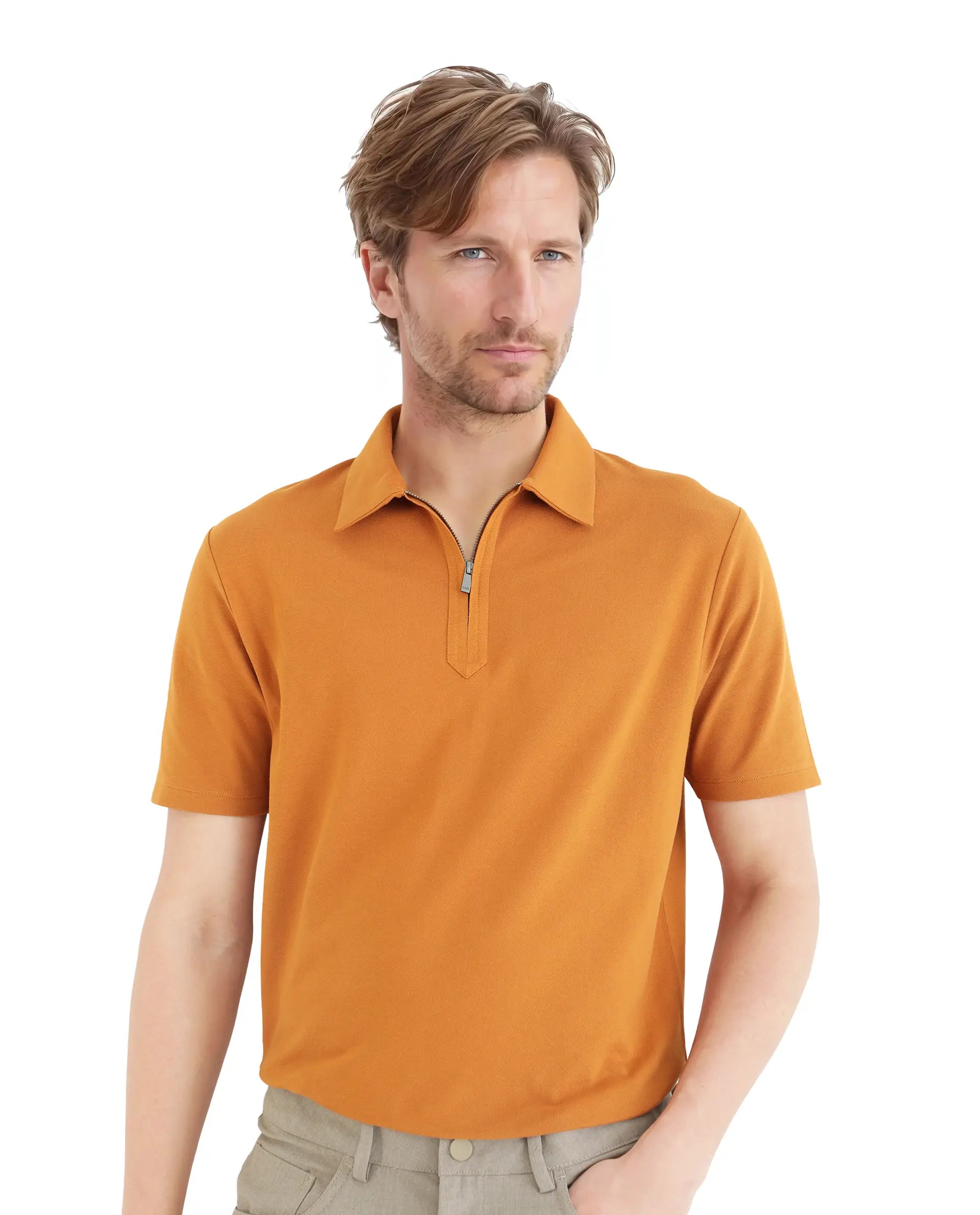 Rare Rabbit Men Ski Rust Cotton Blend Fabric Short Sleeve Regular Collared Zipper Closure Plain Polo