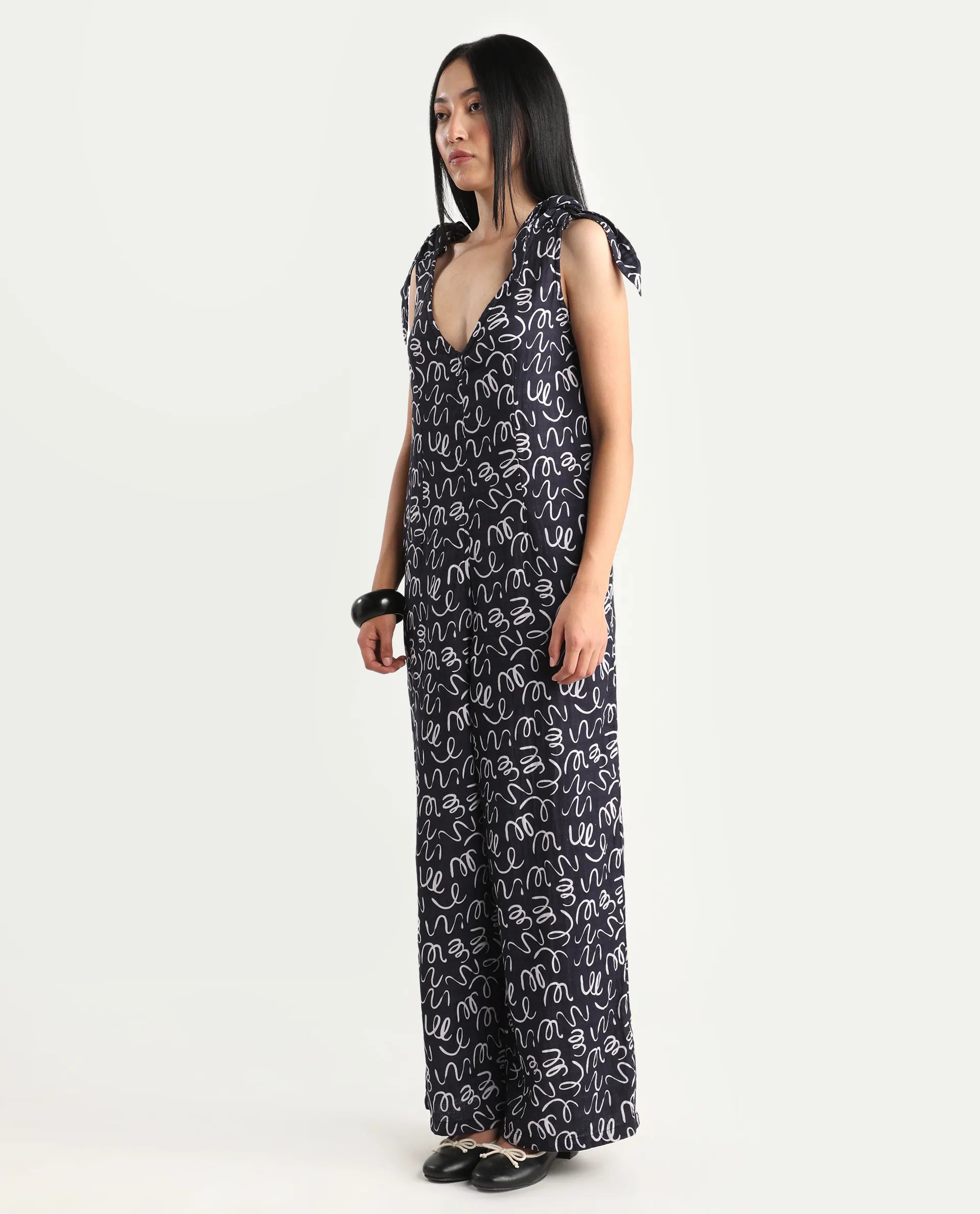 Rareism Women's Skoda Black Cotton V-Neck Abstract Print Shoulder Strap Ankle Length Tailored Jumpsuit