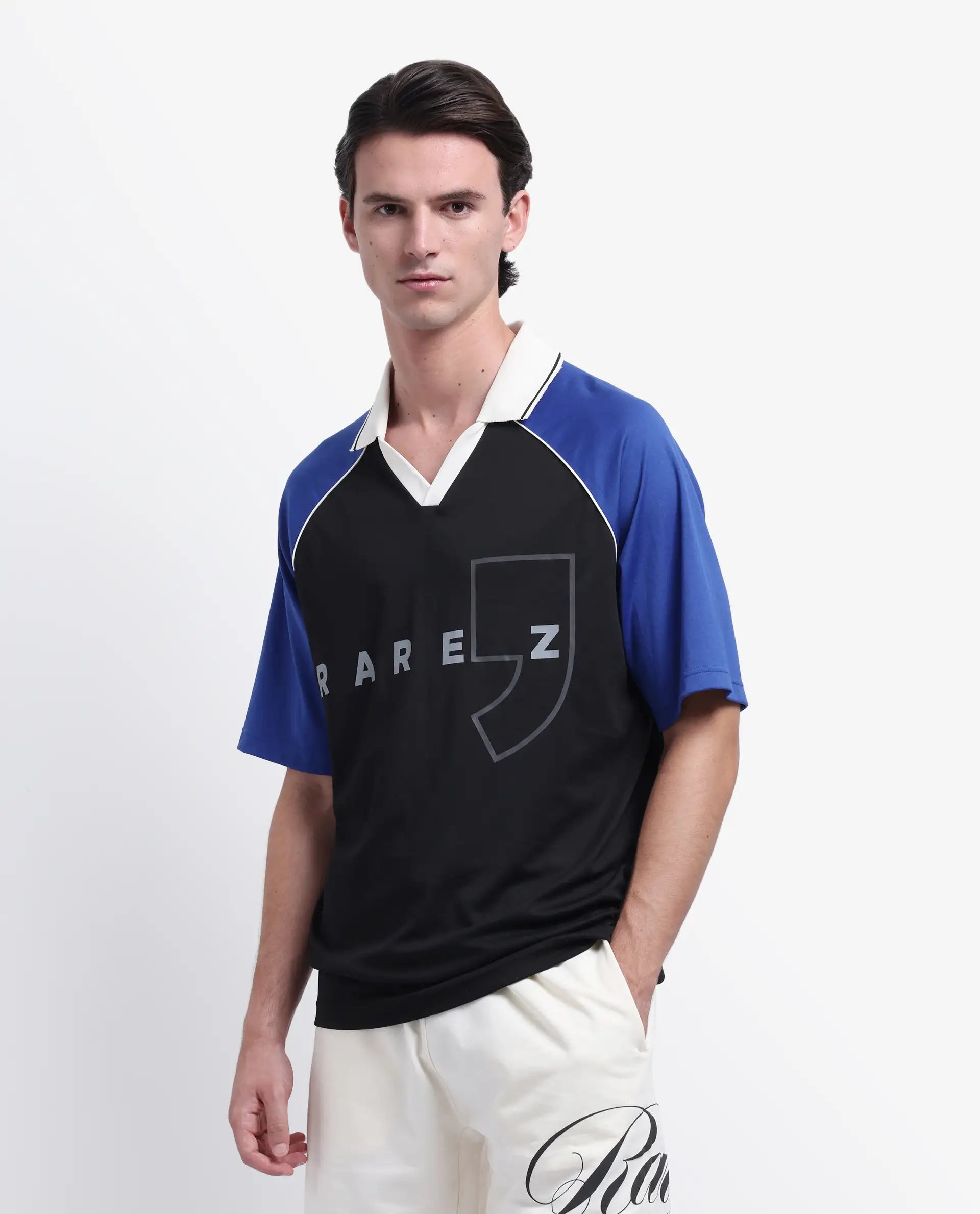 Rare Rabbit Men's Skot Black Polyester Blend Graphic Print Oversized Fit Half Sleeve Polo