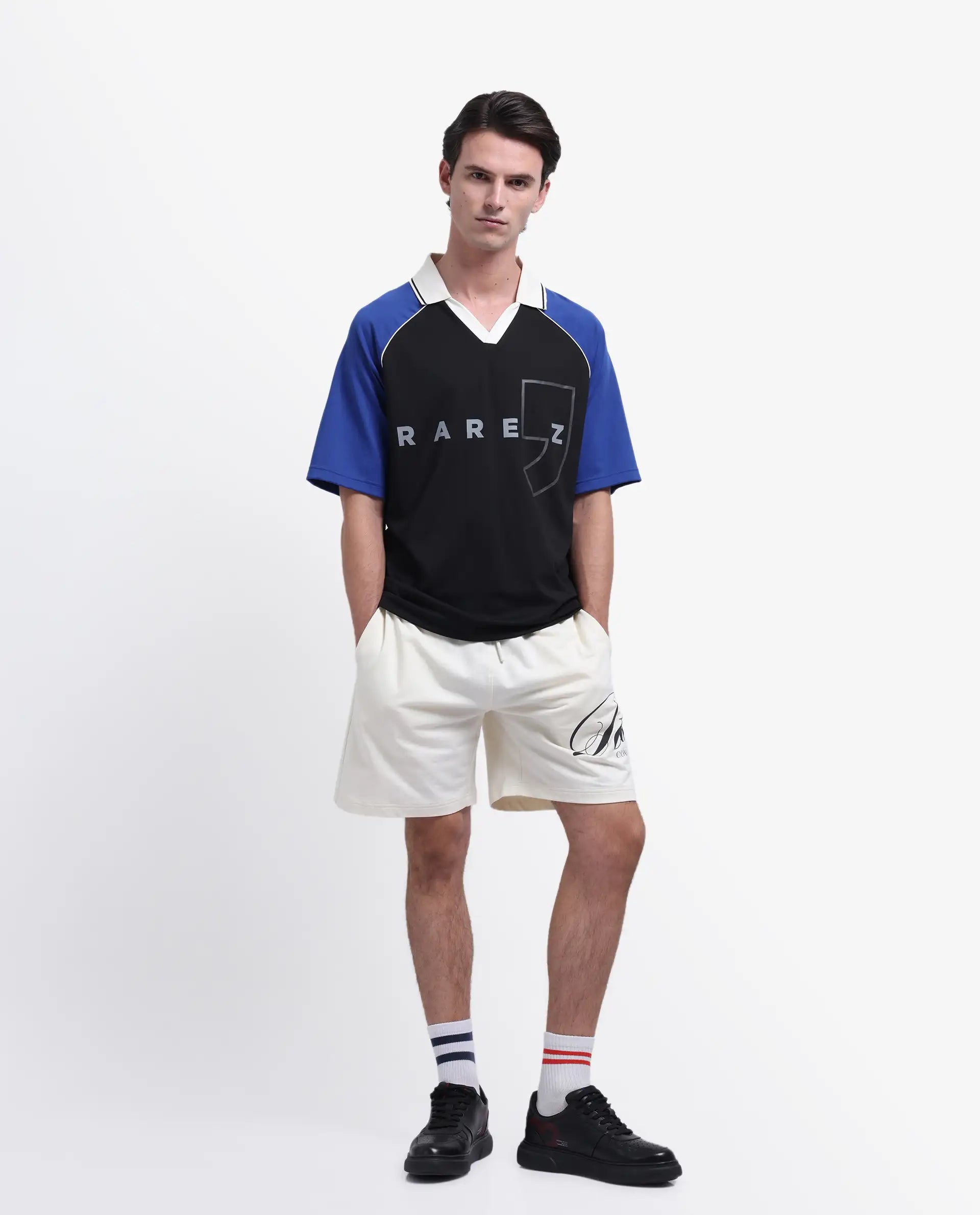 Rare Rabbit Men's Skot Black Polyester Blend Graphic Print Oversized Fit Half Sleeve Polo