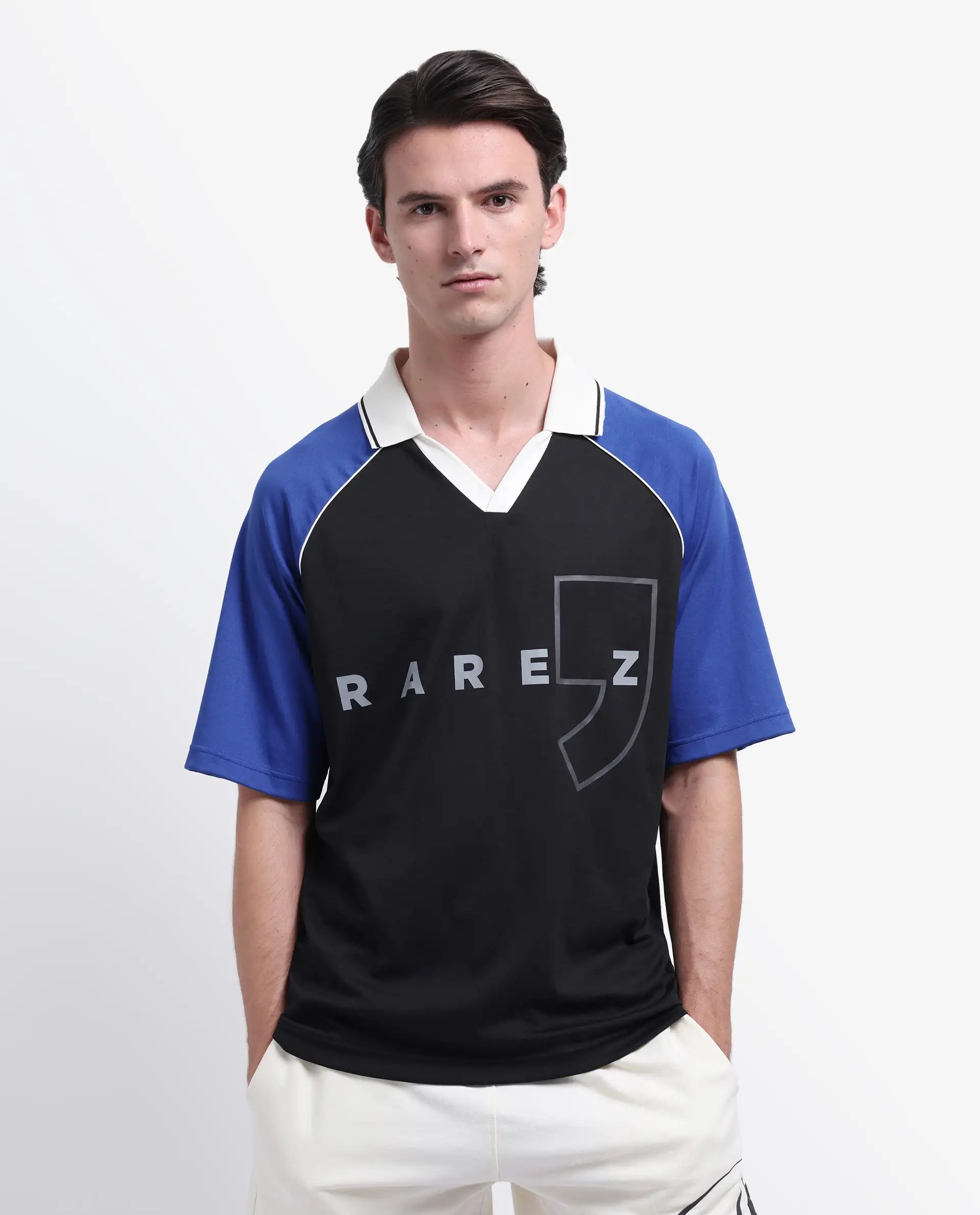 Rare Rabbit Men's Skot Black Polyester Blend Graphic Print Oversized Fit Half Sleeve Polo