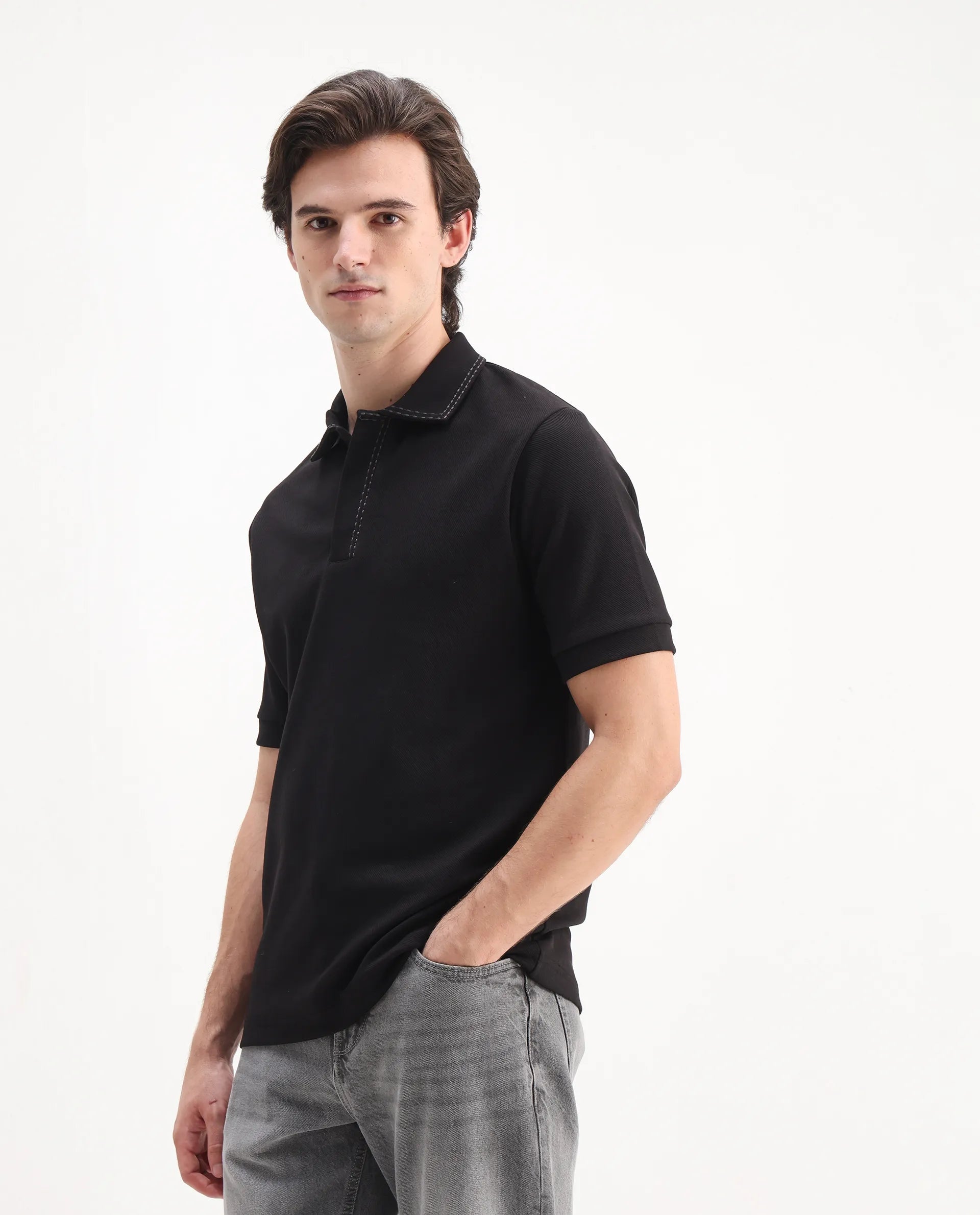 Rare Rabbit Men's Skowl Black Polyester Blend Plain Regular Fit Half Sleeve Polo