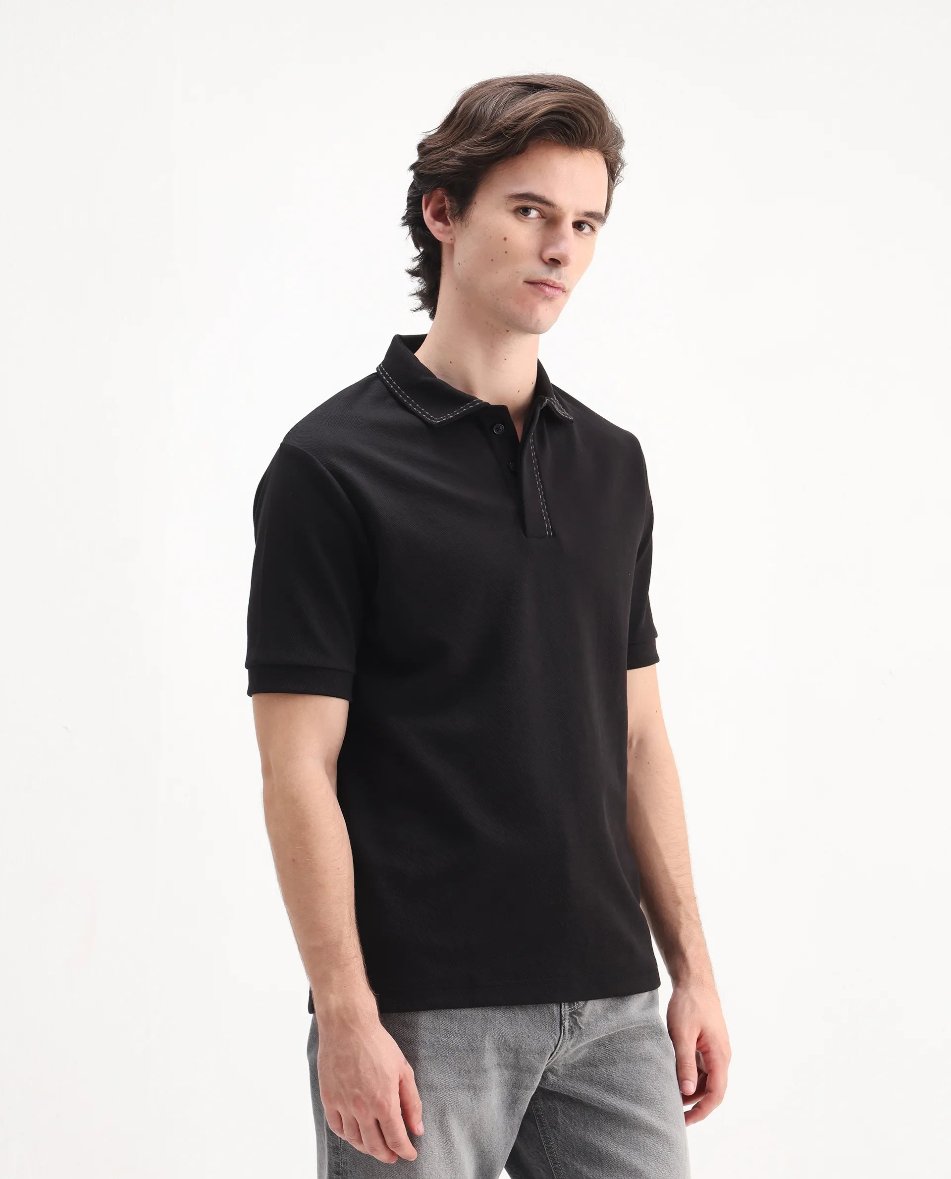 Rare Rabbit Men's Skowl Black Polyester Blend Plain Regular Fit Half Sleeve Polo