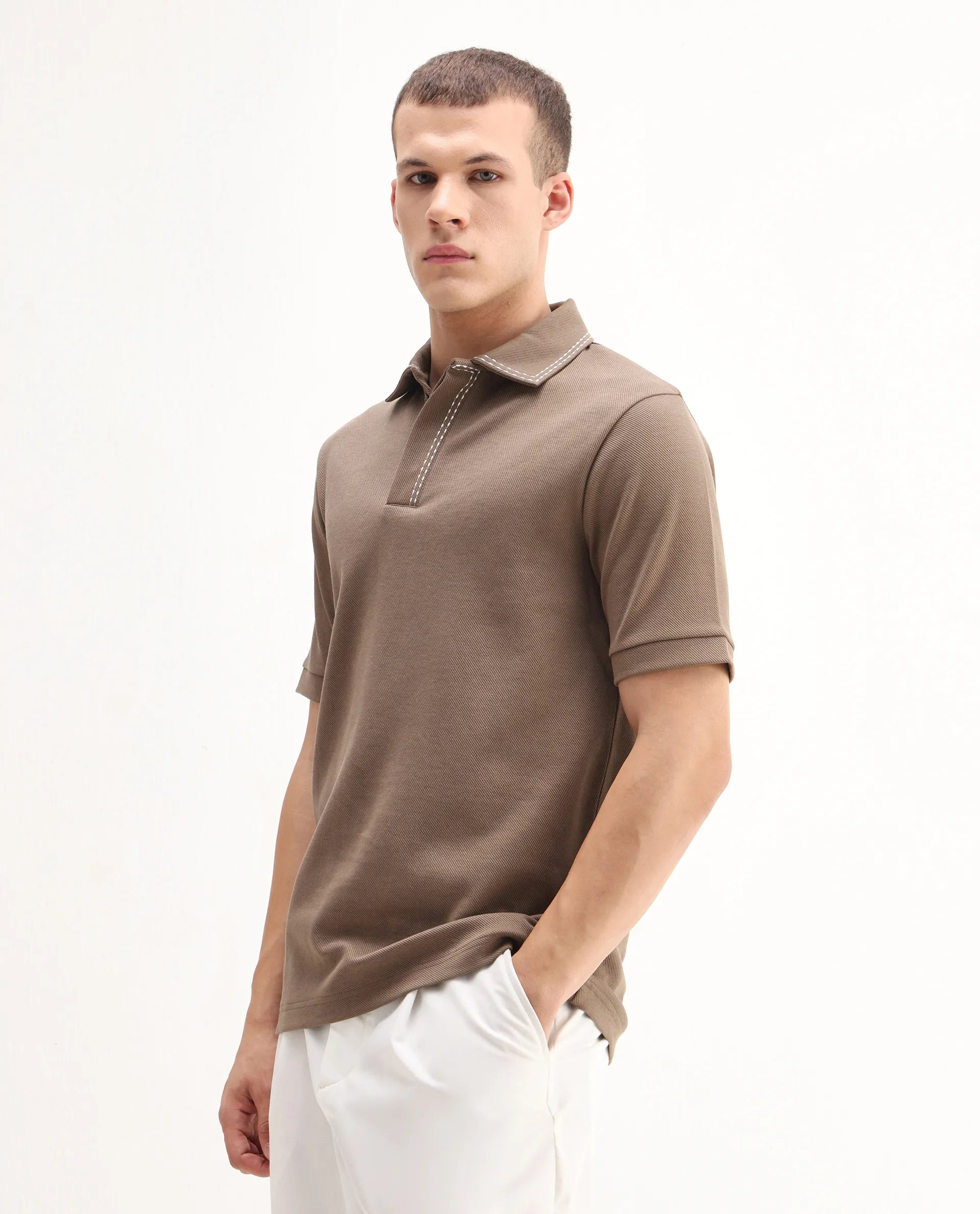 Rare Rabbit Men's Skowl Dusky Brown Polyester Blend Plain Regular Fit Half Sleeve Polo