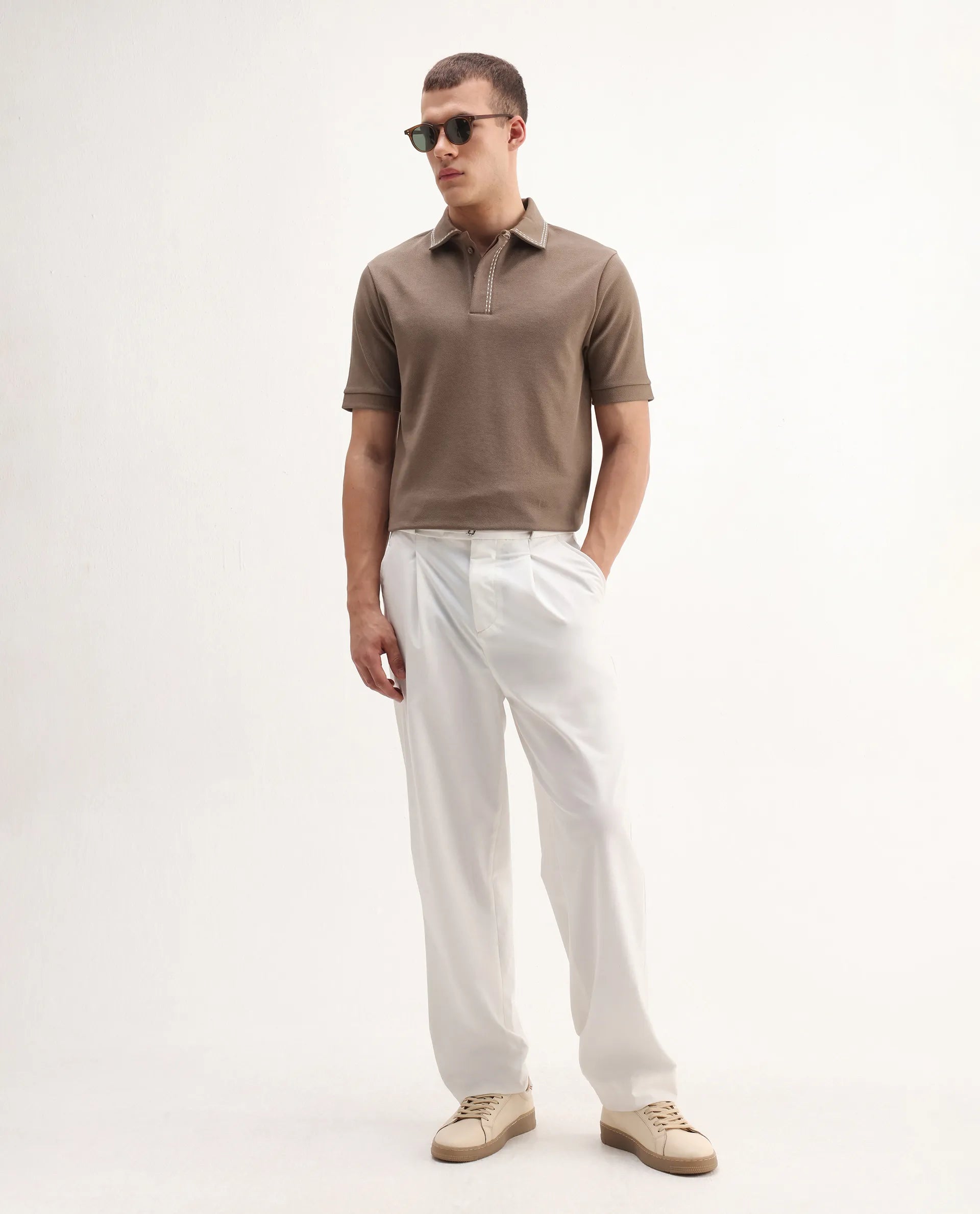 Rare Rabbit Men's Skowl Dusky Brown Polyester Blend Plain Regular Fit Half Sleeve Polo