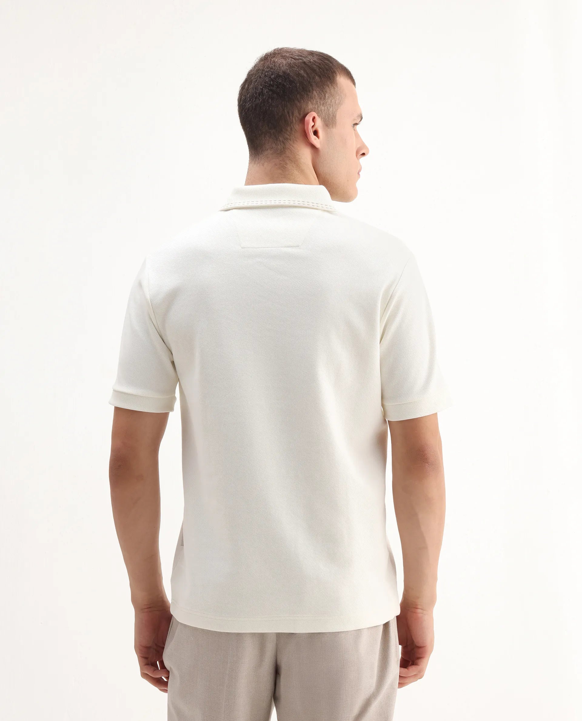 Rare Rabbit Men's Skowl Off White Polyester Blend Plain Regular Fit Half Sleeve Polo