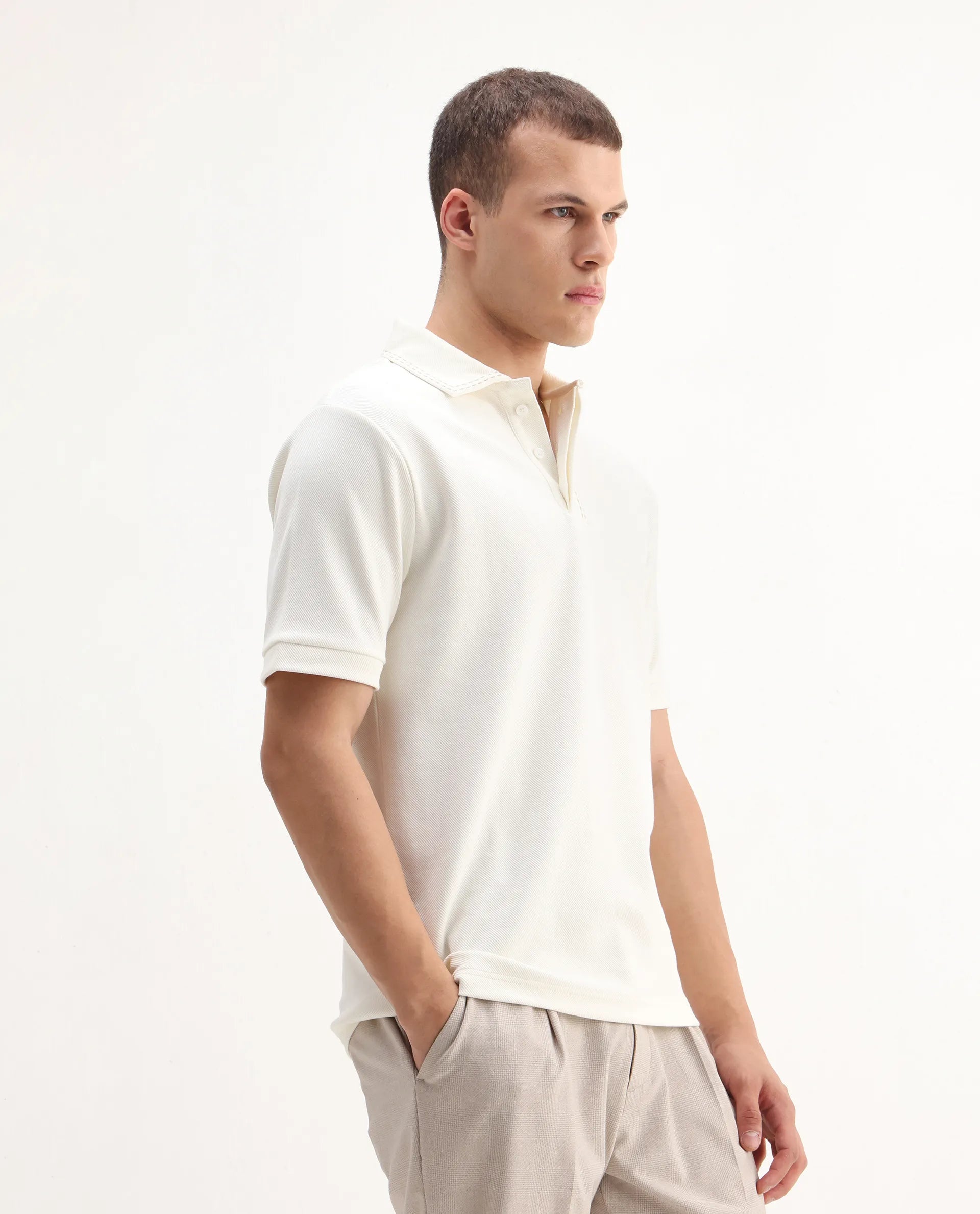 Rare Rabbit Men's Skowl Off White Polyester Blend Plain Regular Fit Half Sleeve Polo