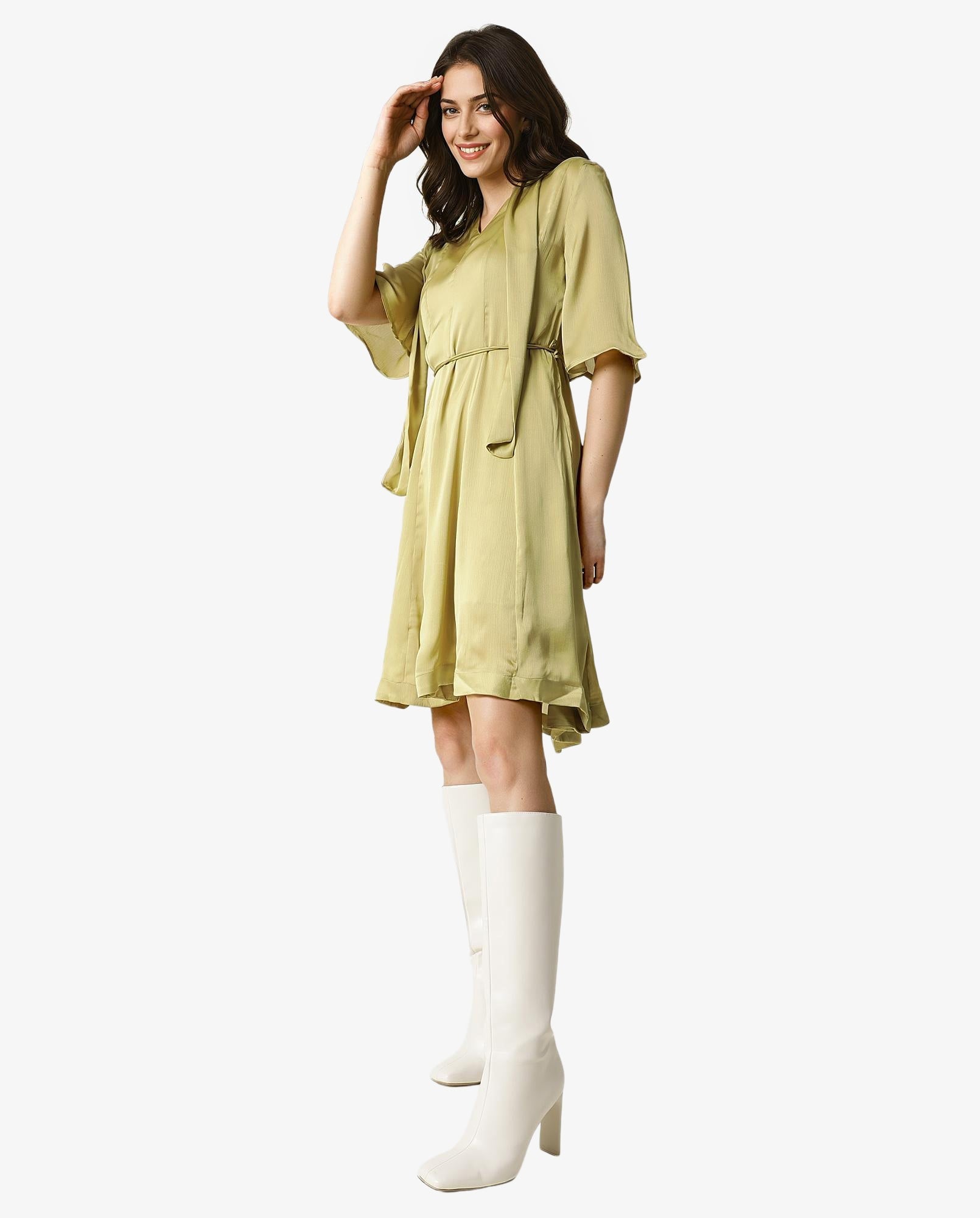 Rareism Women Skrill Green V Neck With Tie Up Flared Sleeves Mini Dress