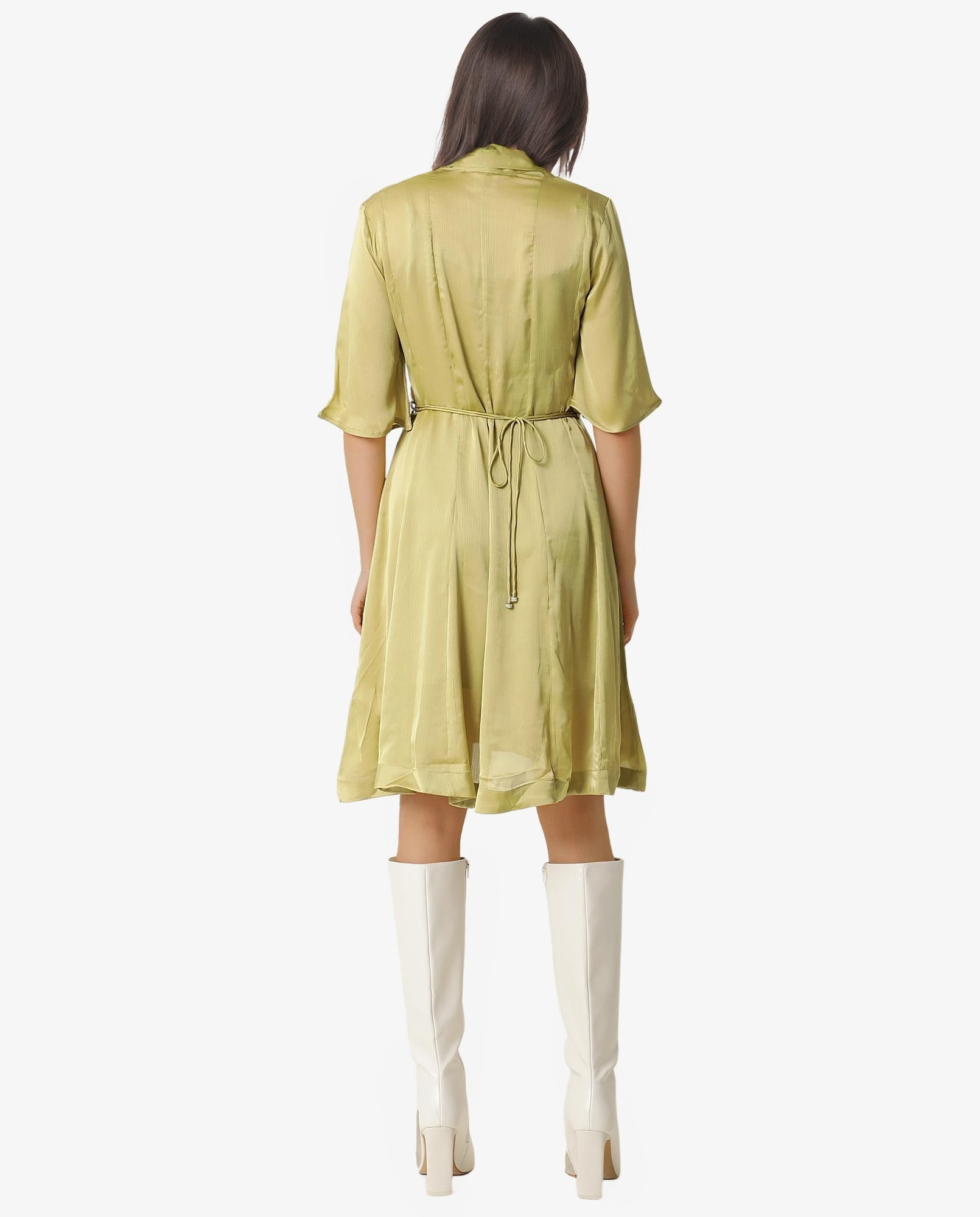 Rareism Women Skrill Green V Neck With Tie Up Flared Sleeves Mini Dress