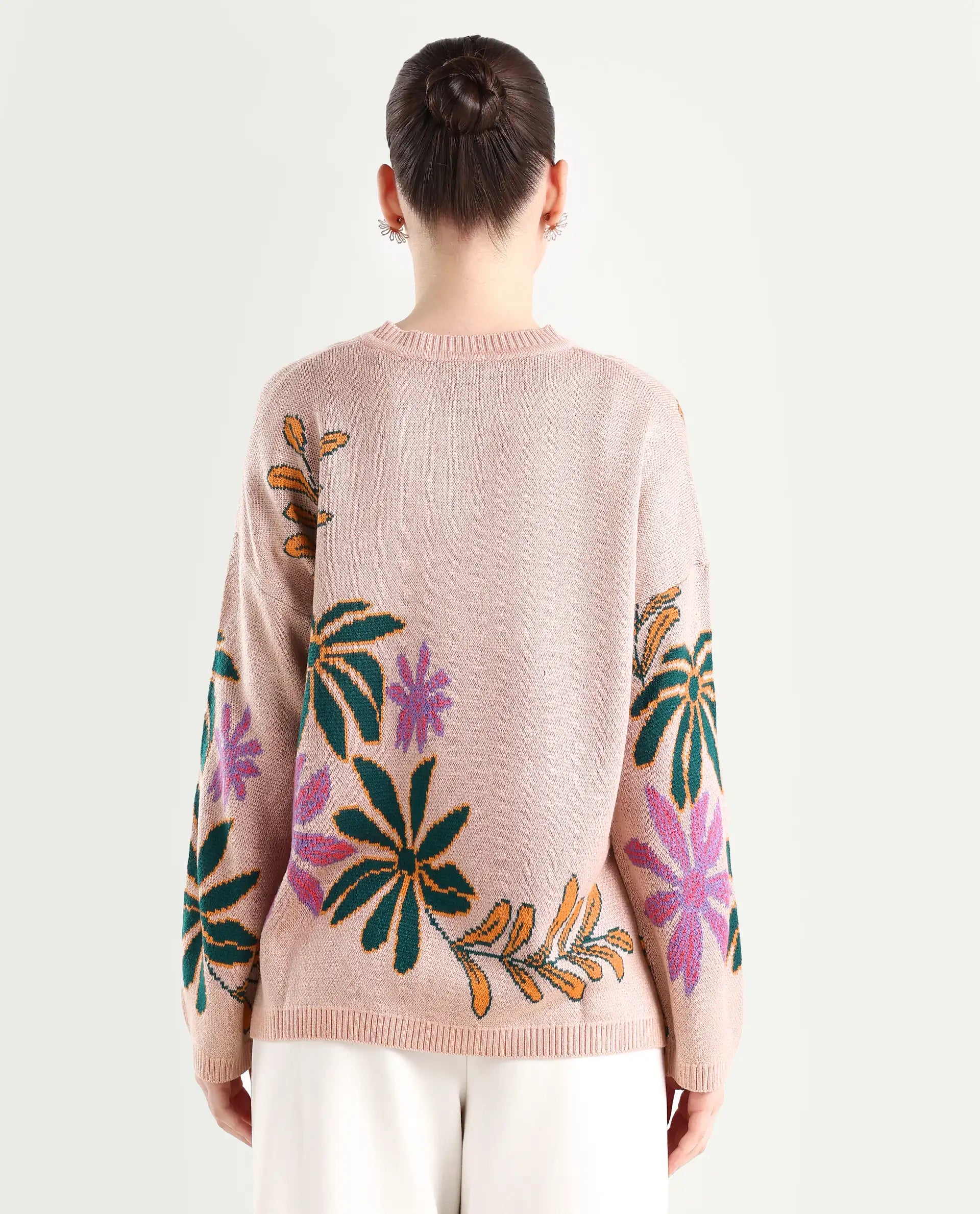 Rareism Women's Skyer Pink Acrylic V-Neck Floral Print Relaxed Fit Sweater