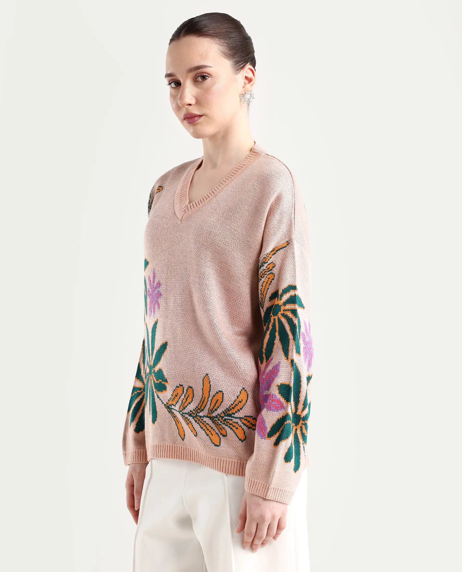 Rareism Women's Skyer Pink Acrylic V-Neck Floral Print Relaxed Fit Sweater