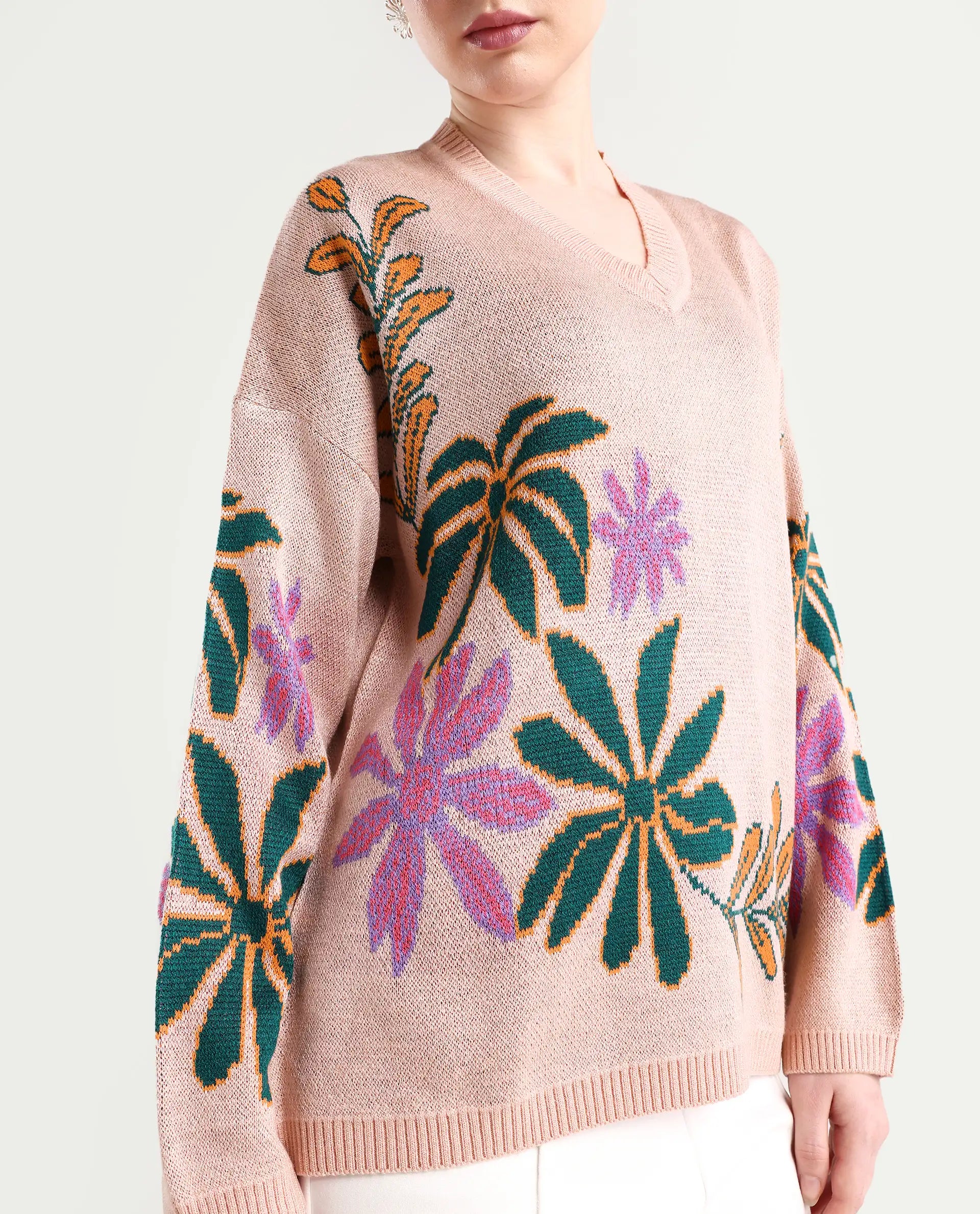 Rareism Women's Skyer Pink Acrylic V-Neck Floral Print Relaxed Fit Sweater