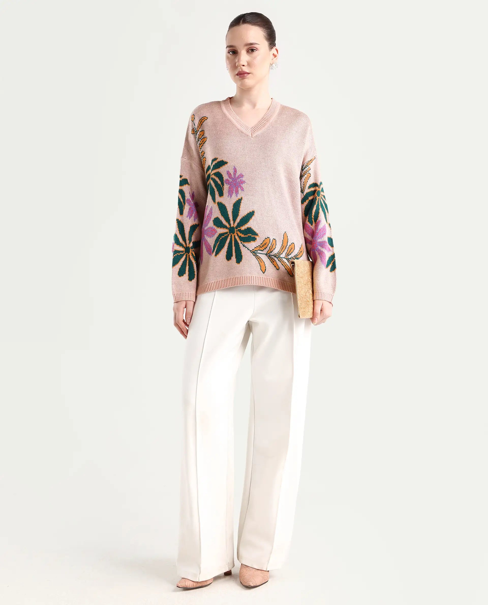 Rareism Women's Skyer Pink Acrylic V-Neck Floral Print Relaxed Fit Sweater