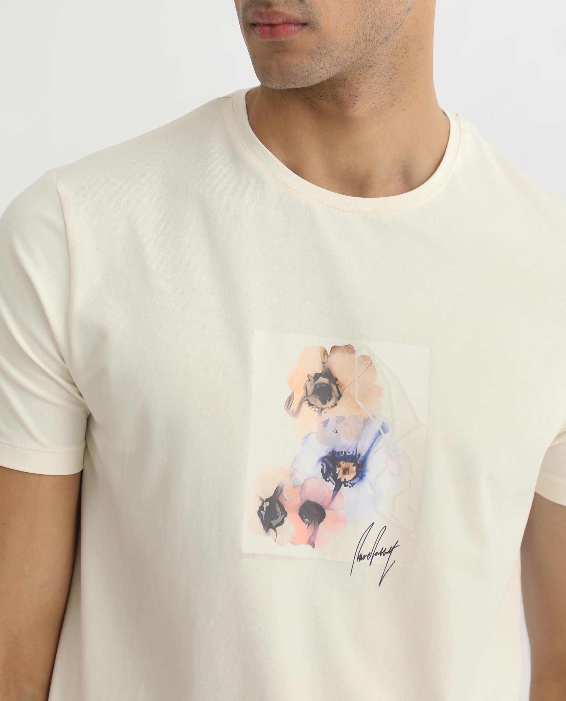 Rare Rabbit Men's Skyy Off-White Crew Neck Discharge Floral Print Graphic Half Sleeves T-Shirt