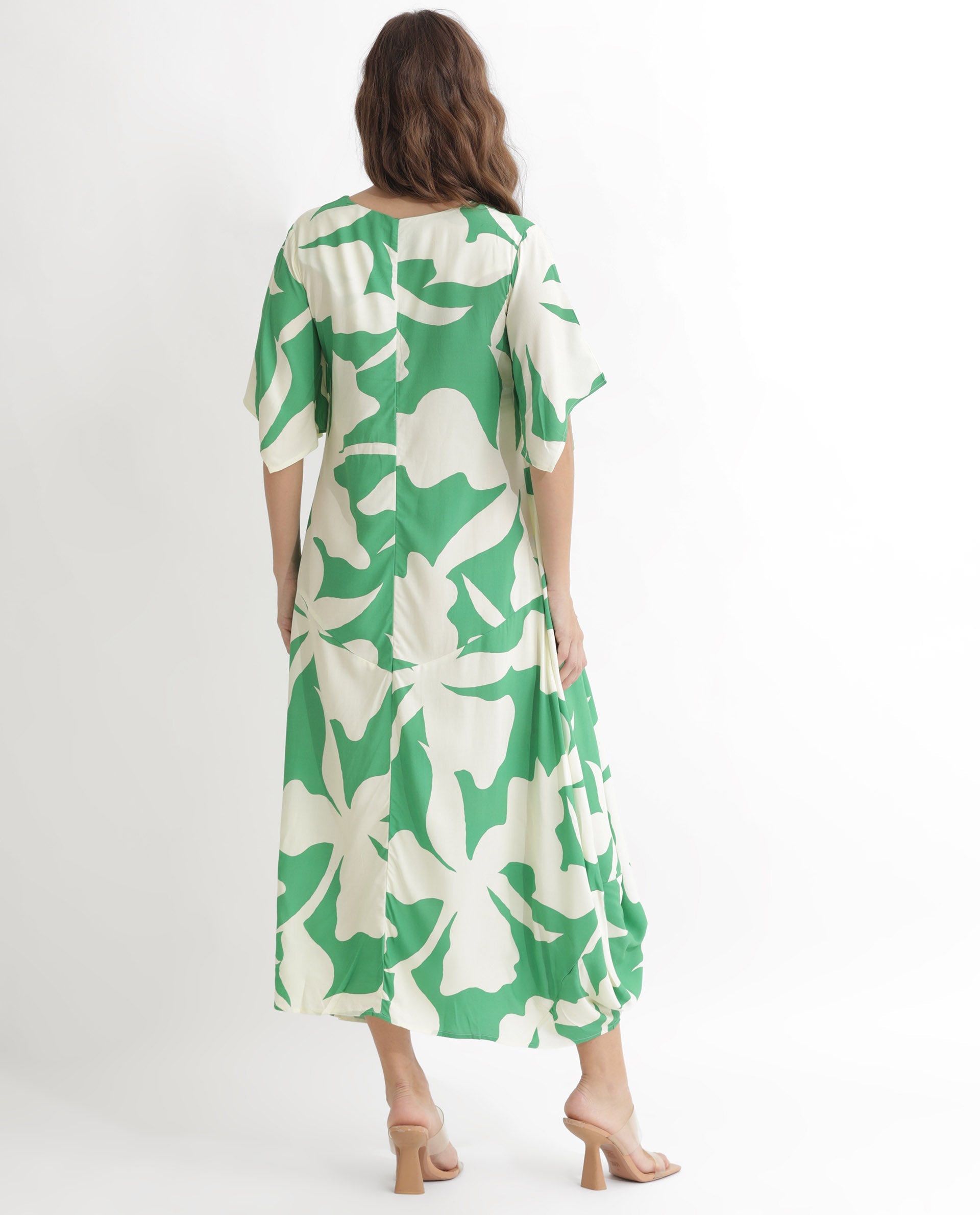 Rareism Women Slager Green Abstract Print Round Neck With Key Hole Button Half Sleeves And Pocket Midi Dress