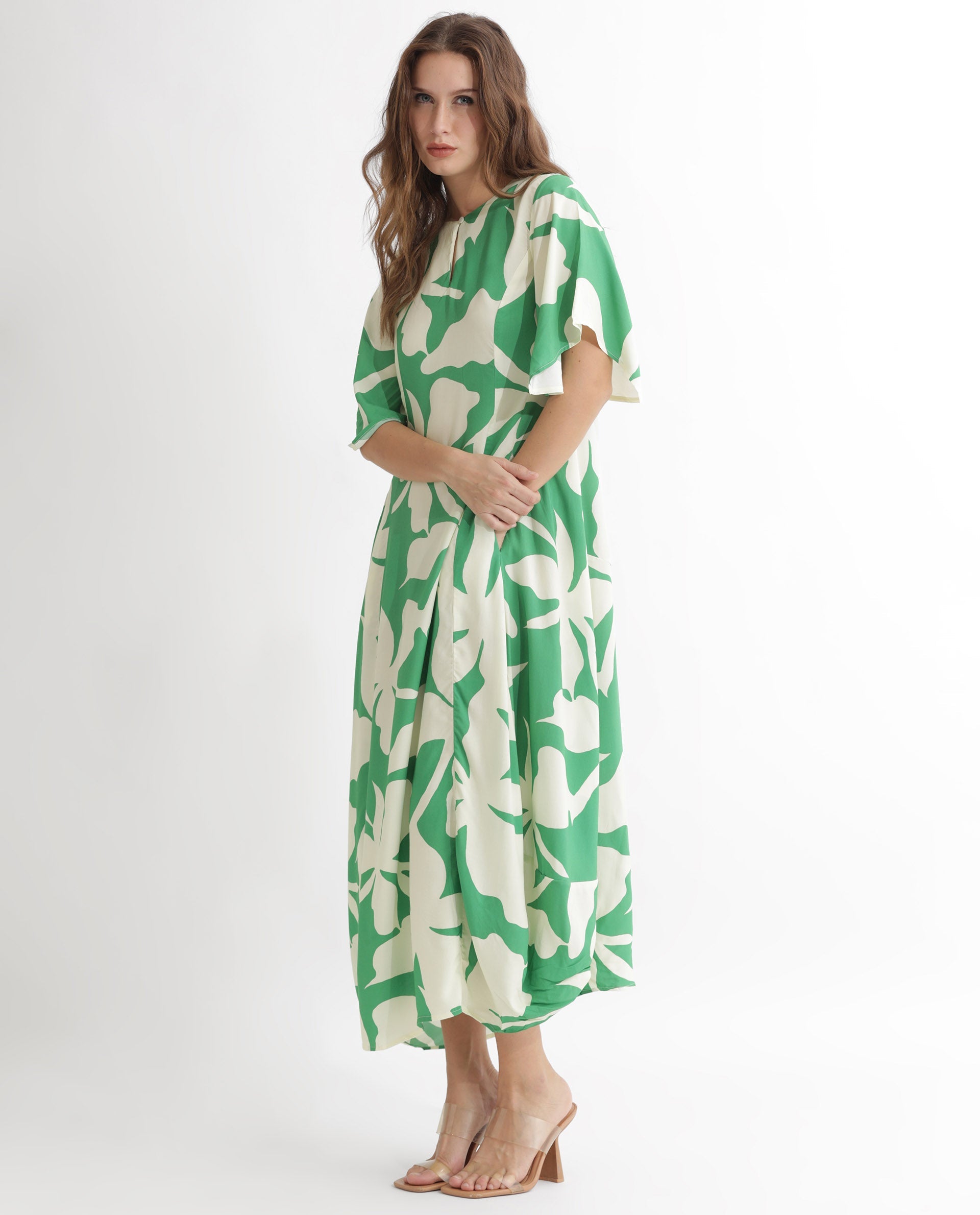 Rareism Women Slager Green Abstract Print Round Neck With Key Hole Button Half Sleeves And Pocket Midi Dress