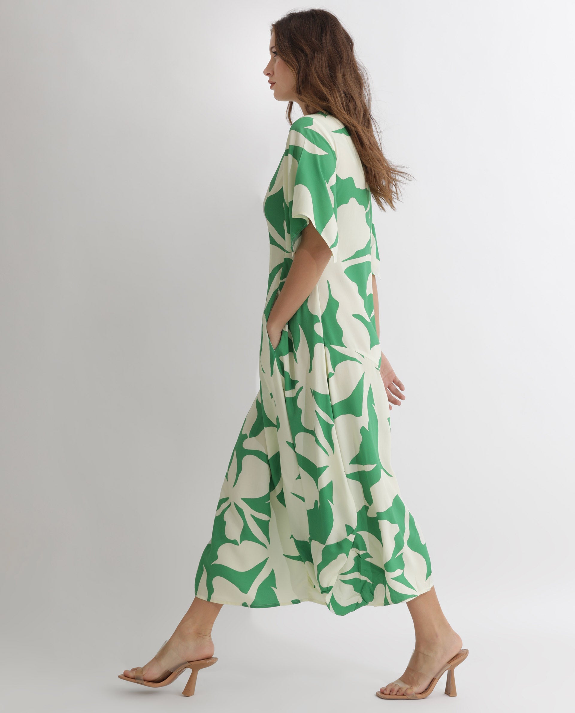 Rareism Women Slager Green Abstract Print Round Neck With Key Hole Button Half Sleeves And Pocket Midi Dress