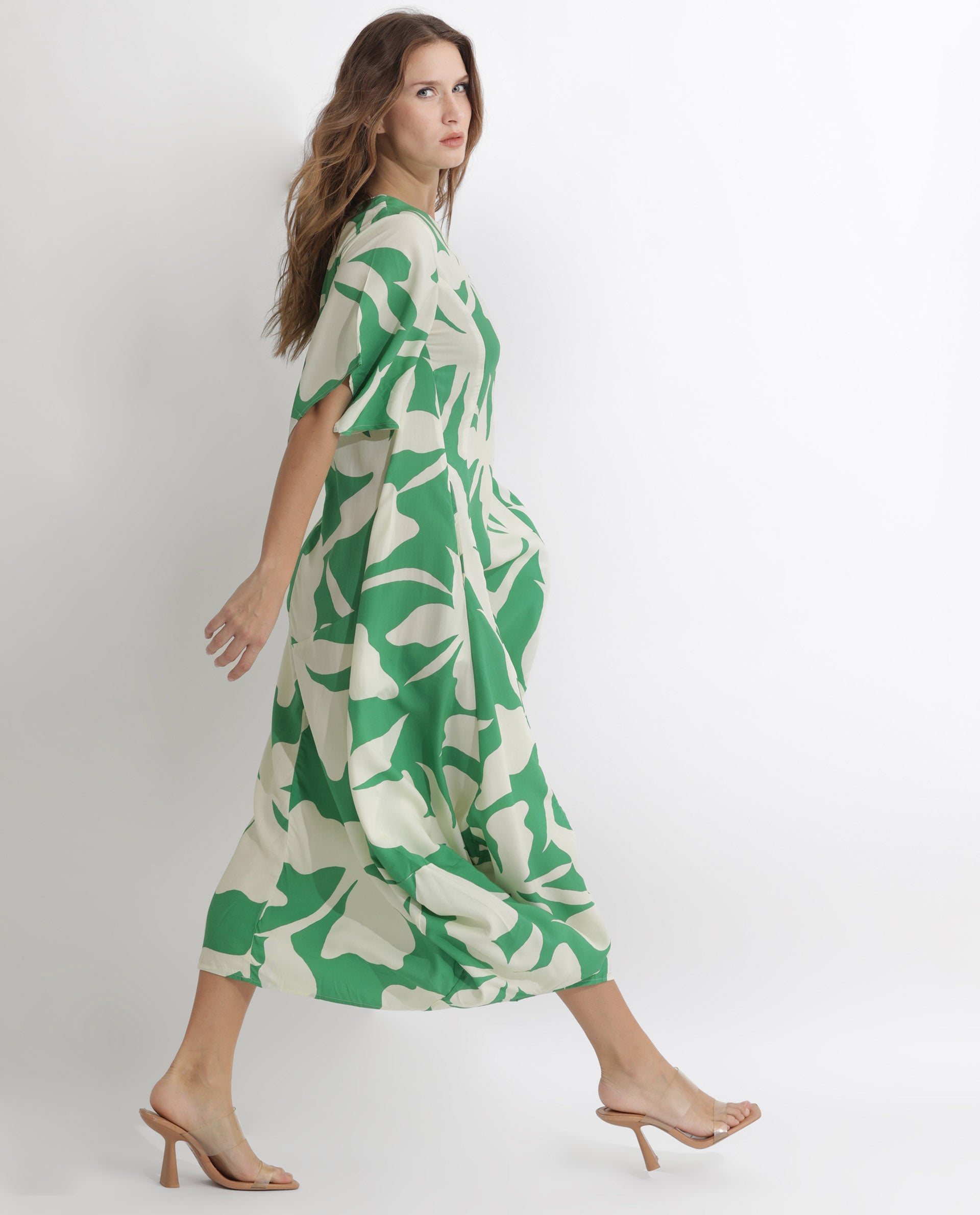 Rareism Women Slager Green Abstract Print Round Neck With Key Hole Button Half Sleeves And Pocket Midi Dress