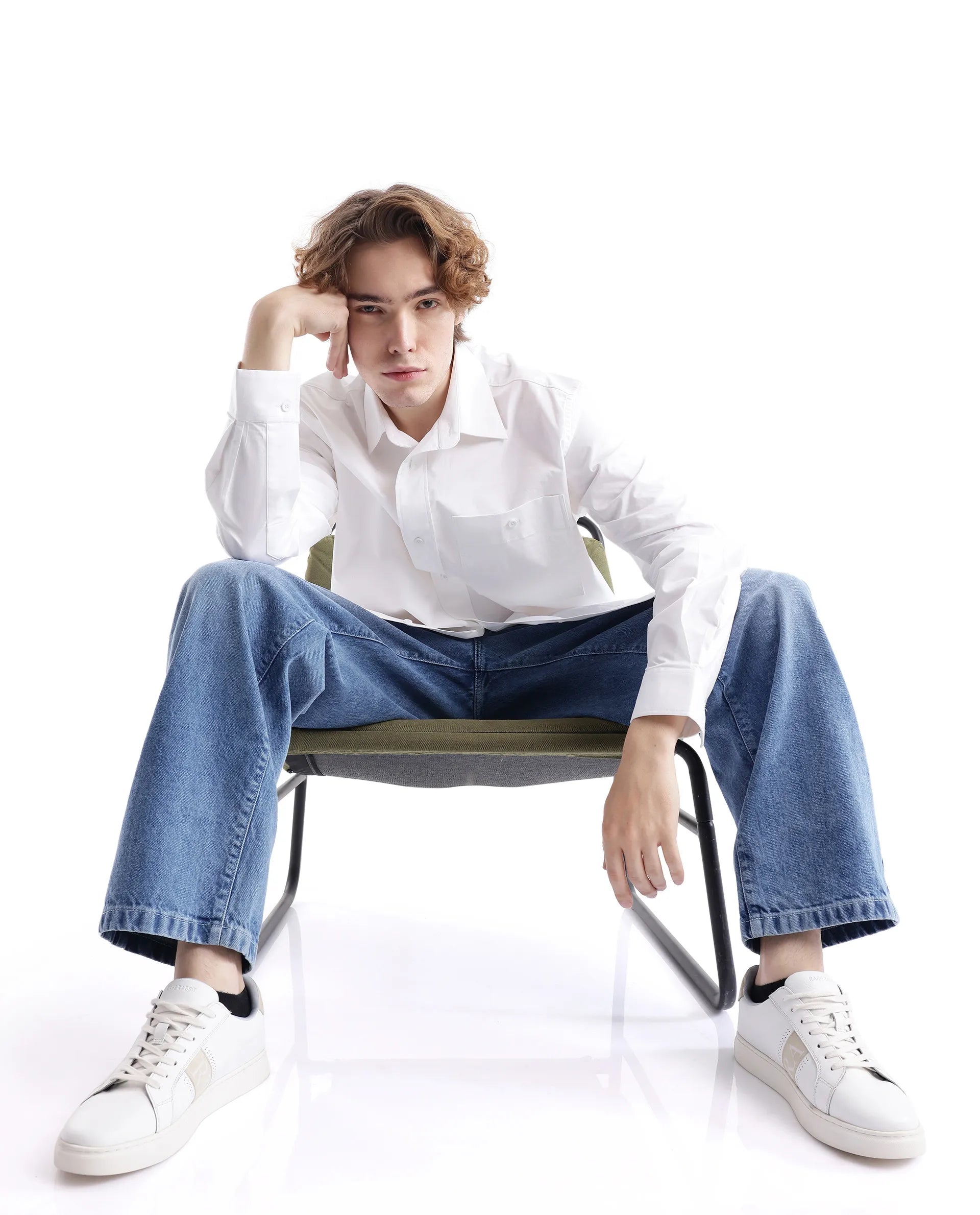 Rare Rabbit Men's Slander White Cotton Fabric Full Sleeve Button Closure Plain Shirt