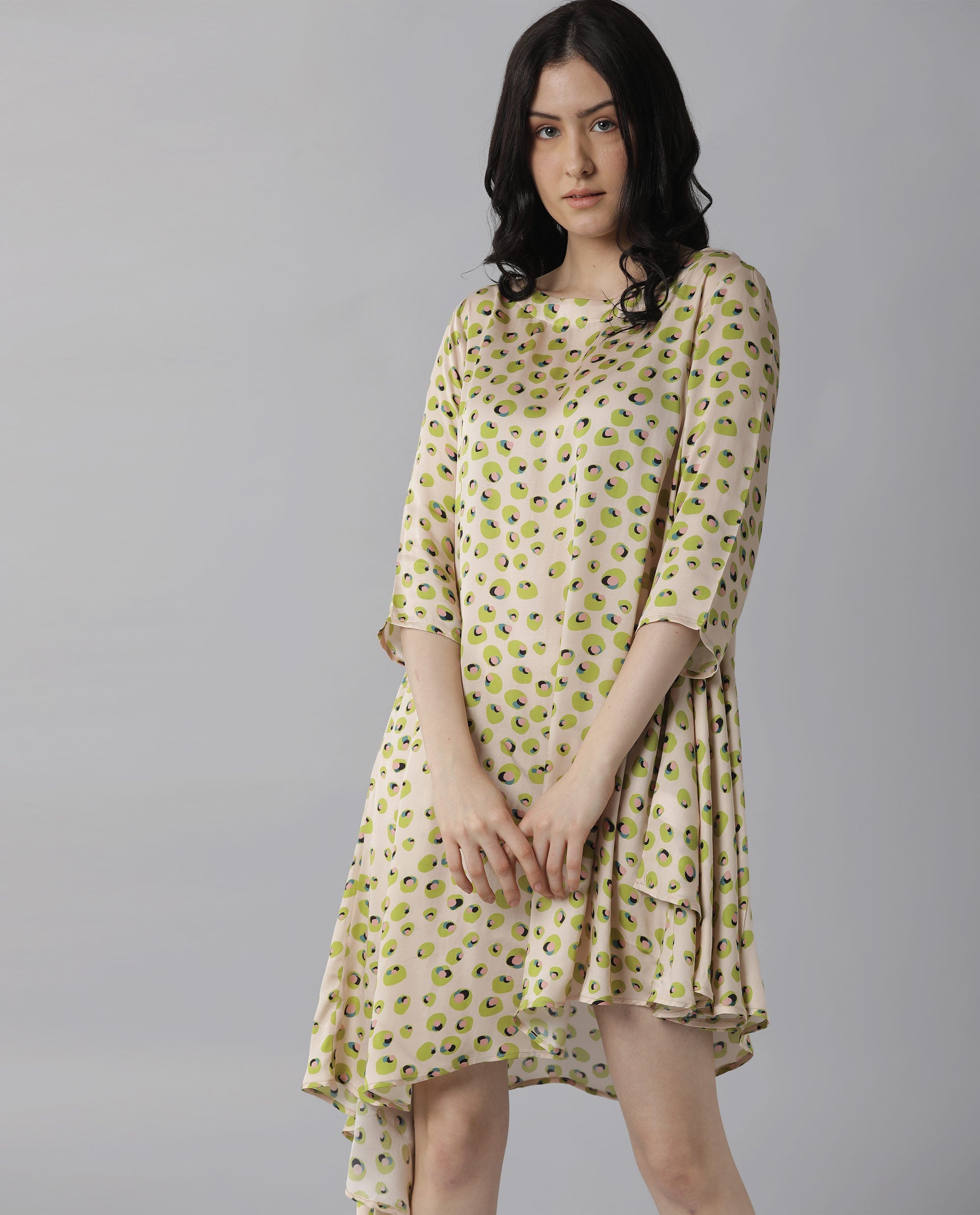 Rareism Womens Slang Beige Dress Modal Fabric Relaxed Fit 3/4 Sleeve Round Neck