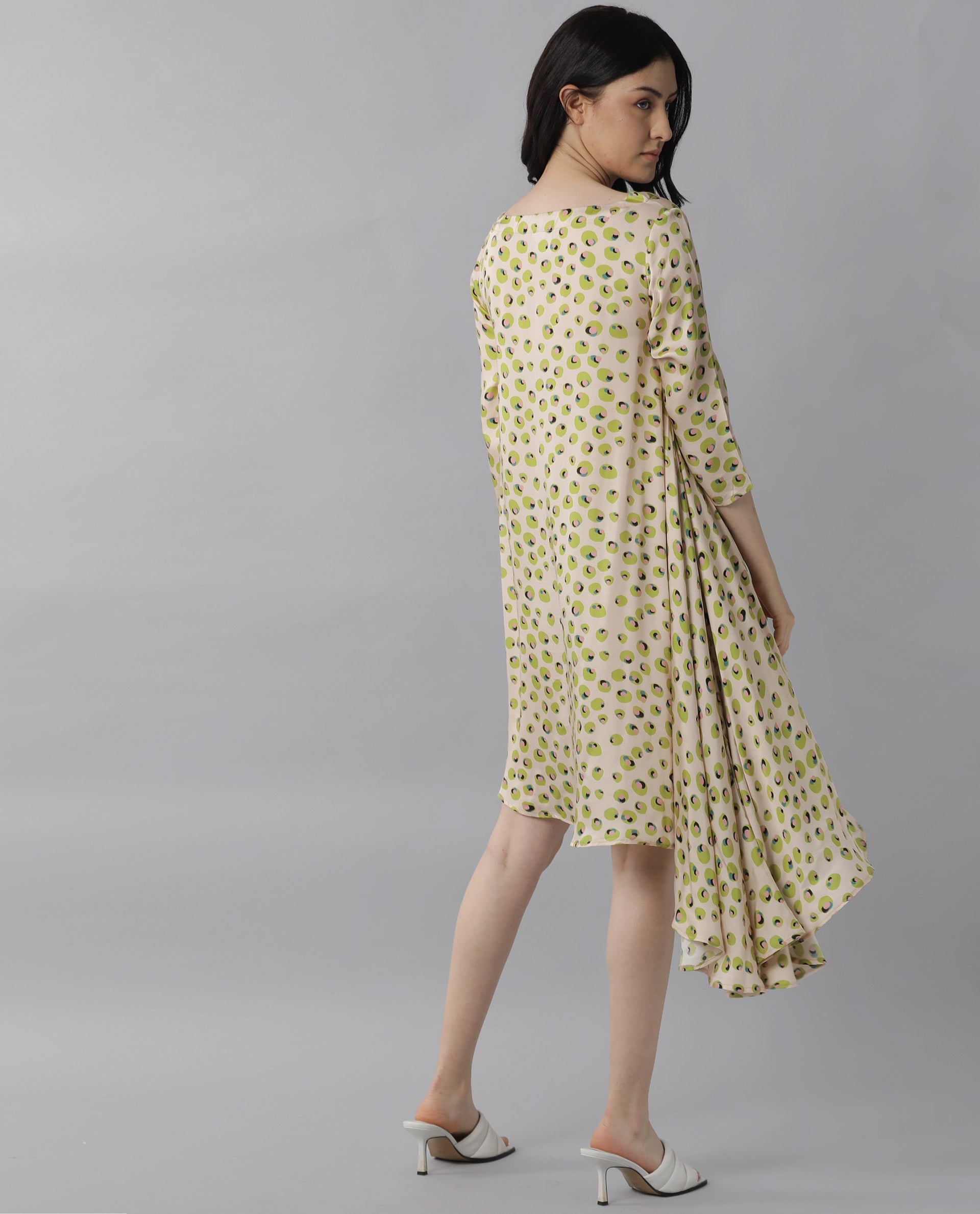 Rareism Womens Slang Beige Dress Modal Fabric Relaxed Fit 3/4 Sleeve Round Neck