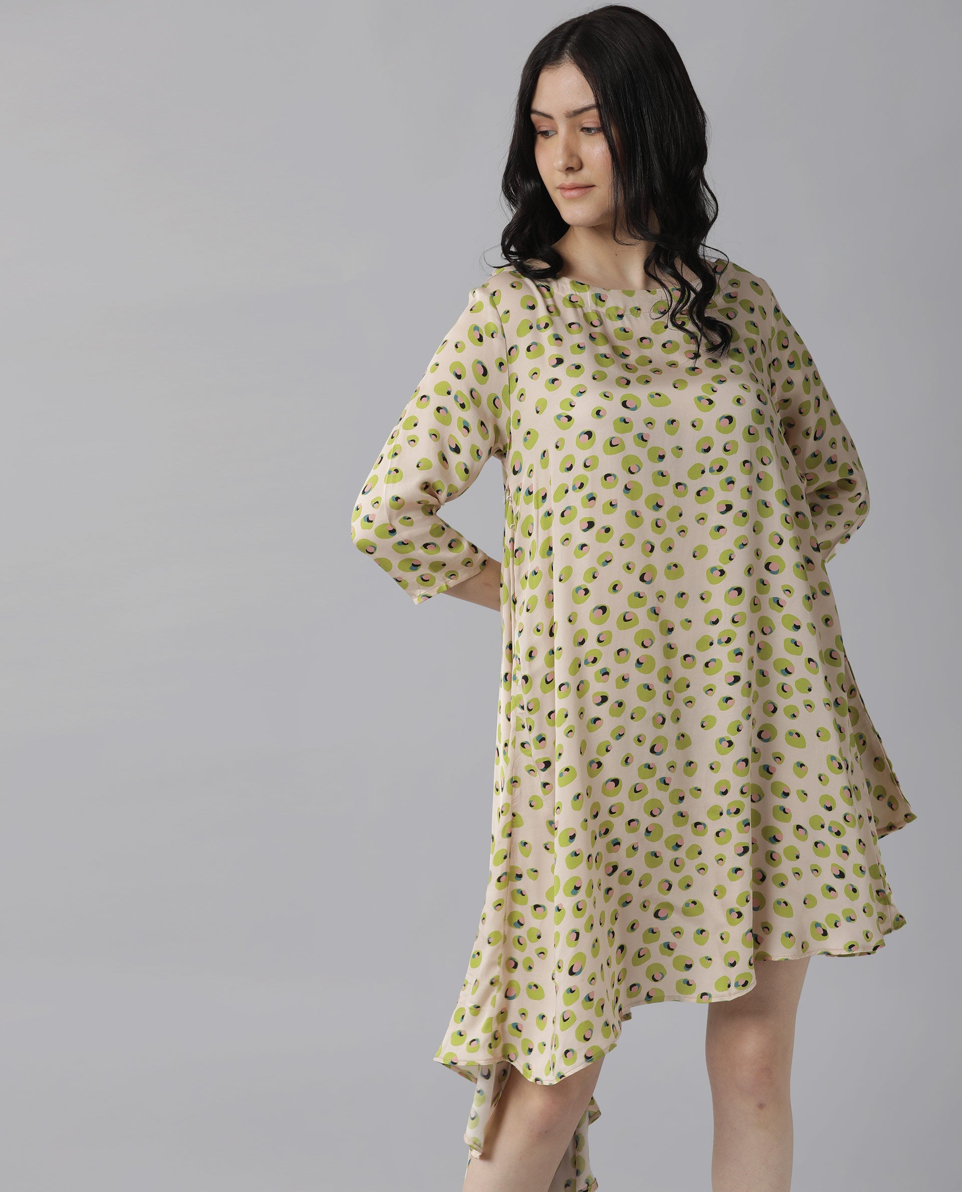 Rareism Womens Slang Beige Dress Modal Fabric Relaxed Fit 3/4 Sleeve Round Neck