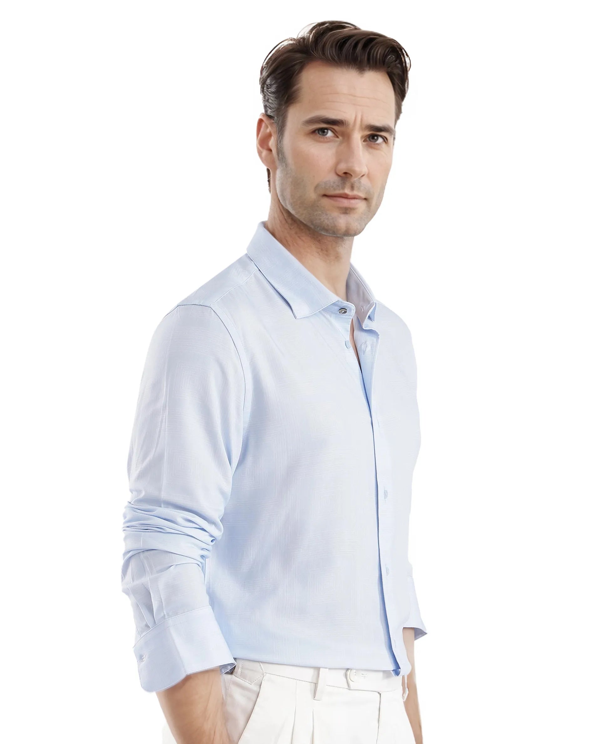 Rare Rabbit Men Sleek Dusky Blue Viscose Fabric Full Sleeve Regular Fit SolidShirt